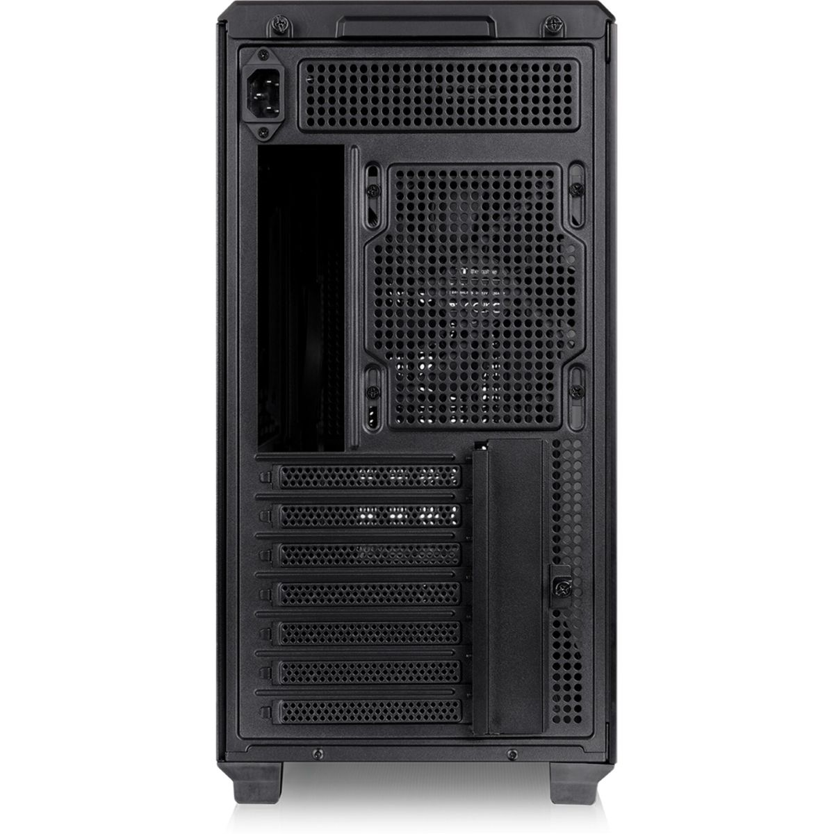 Rückseite eines schwarzen Computergehäuses mit Lüfteröffnungen und Steckplätzen.