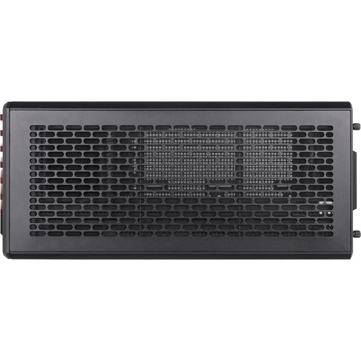 Schwarzes Computergehäuse mit Lüftungsgitter auf der Oberseite.