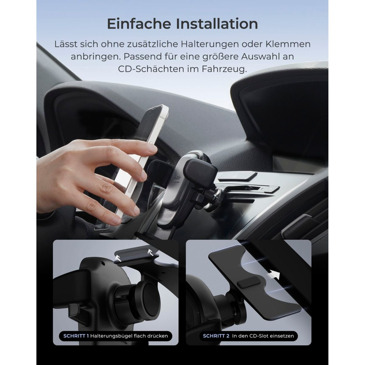 Eine Hand steckt ein Smartphone in eine CD-Slot-Halterung im Auto.