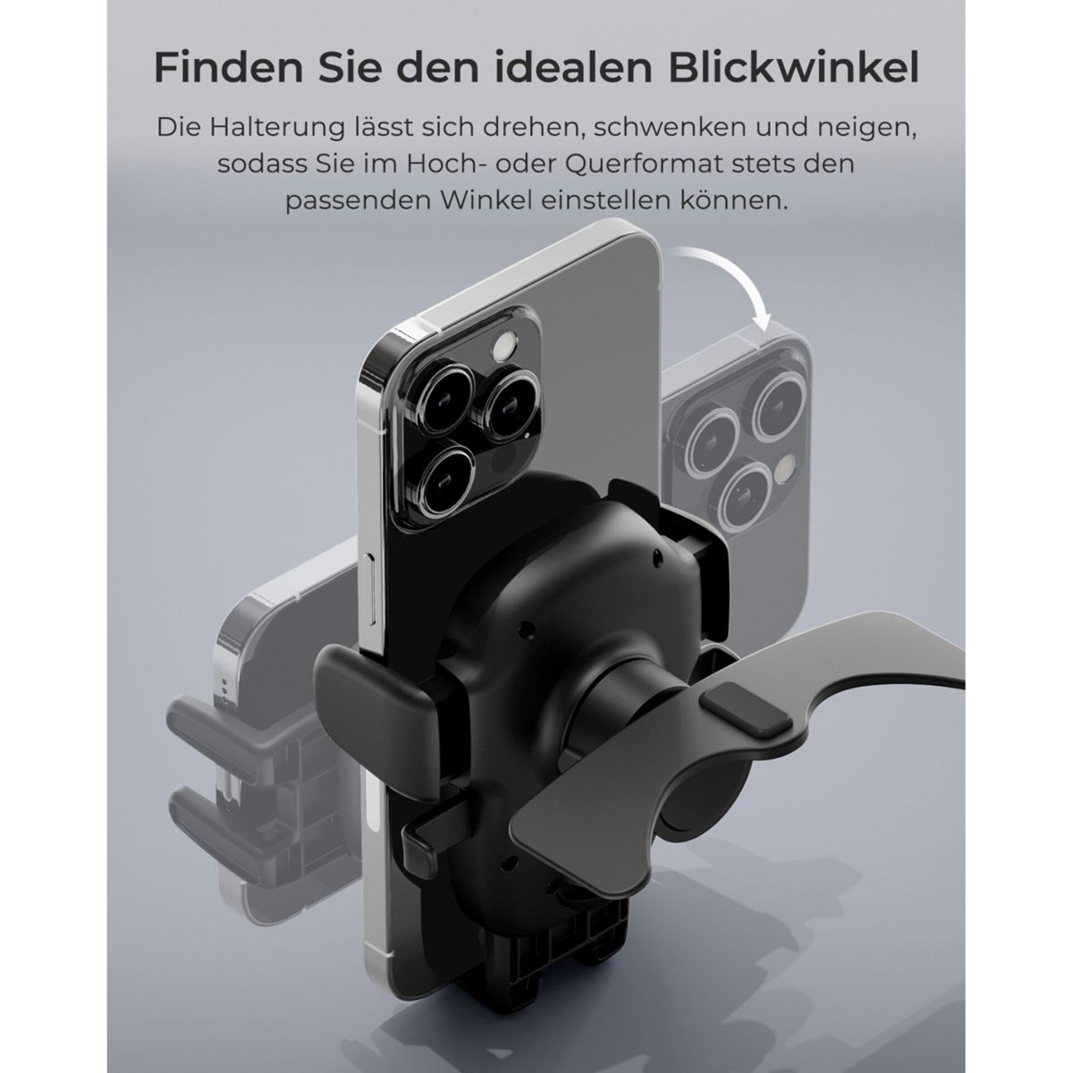 Ein schwarzer Handyhalter mit einem Smartphone im Hochformat.