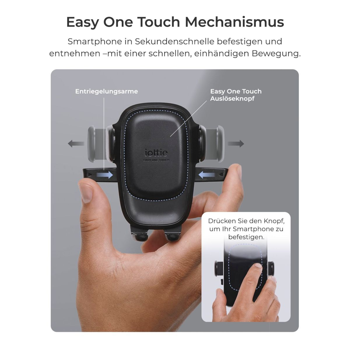Hand hält schwarzen Smartphone-Halter. Auslöseknopf wird gedrückt.