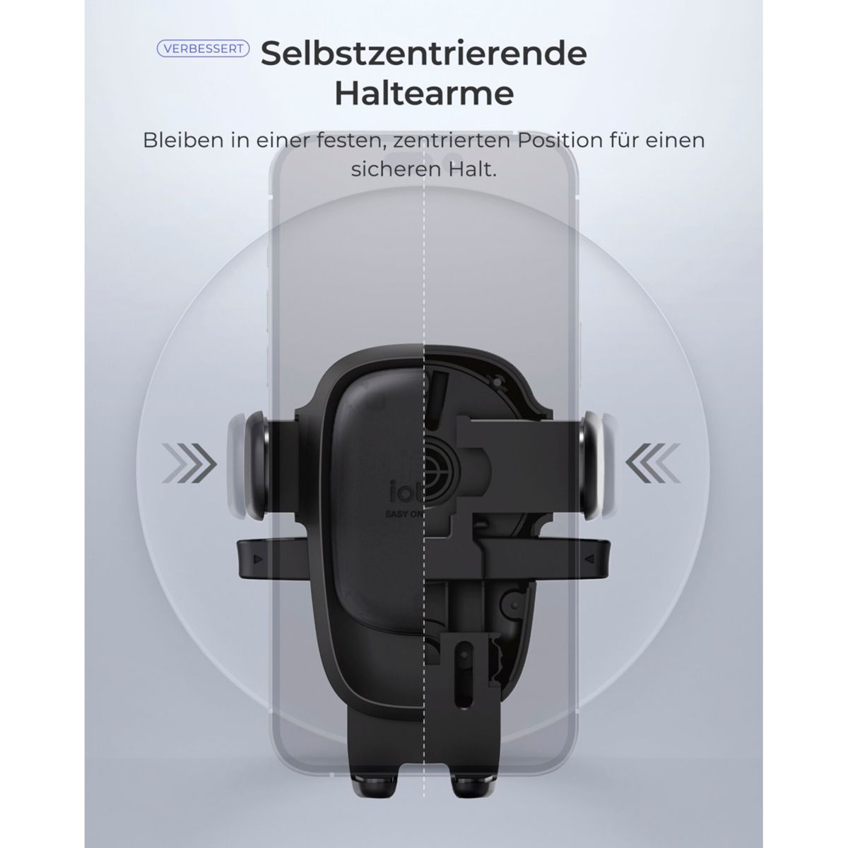 Selbstzentrierender Handyhalter mit Armen, die sich anpassen.
