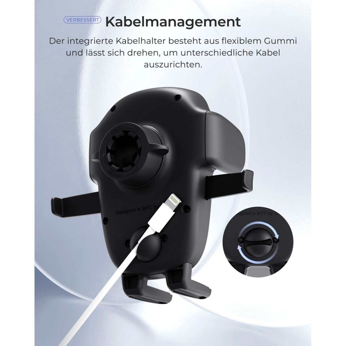 Schwarzer Handyhalter mit integriertem Kabelclip und weißem Ladekabel.