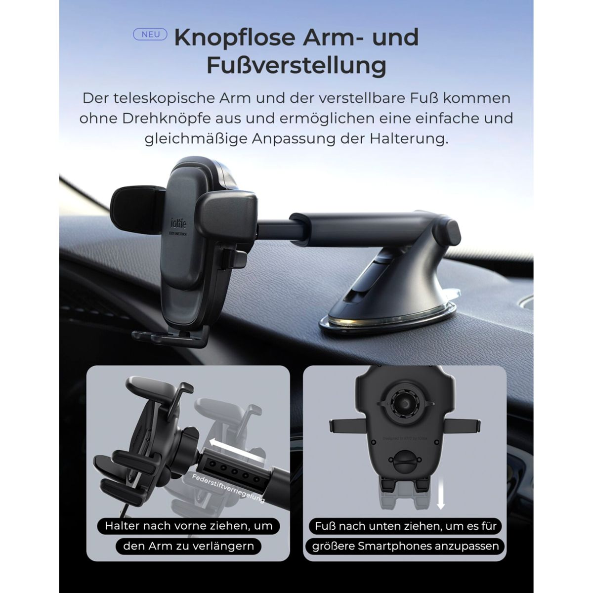 Ein schwarzer Handyhalter für Autos mit Saugnapf und verstellbarem Arm.
