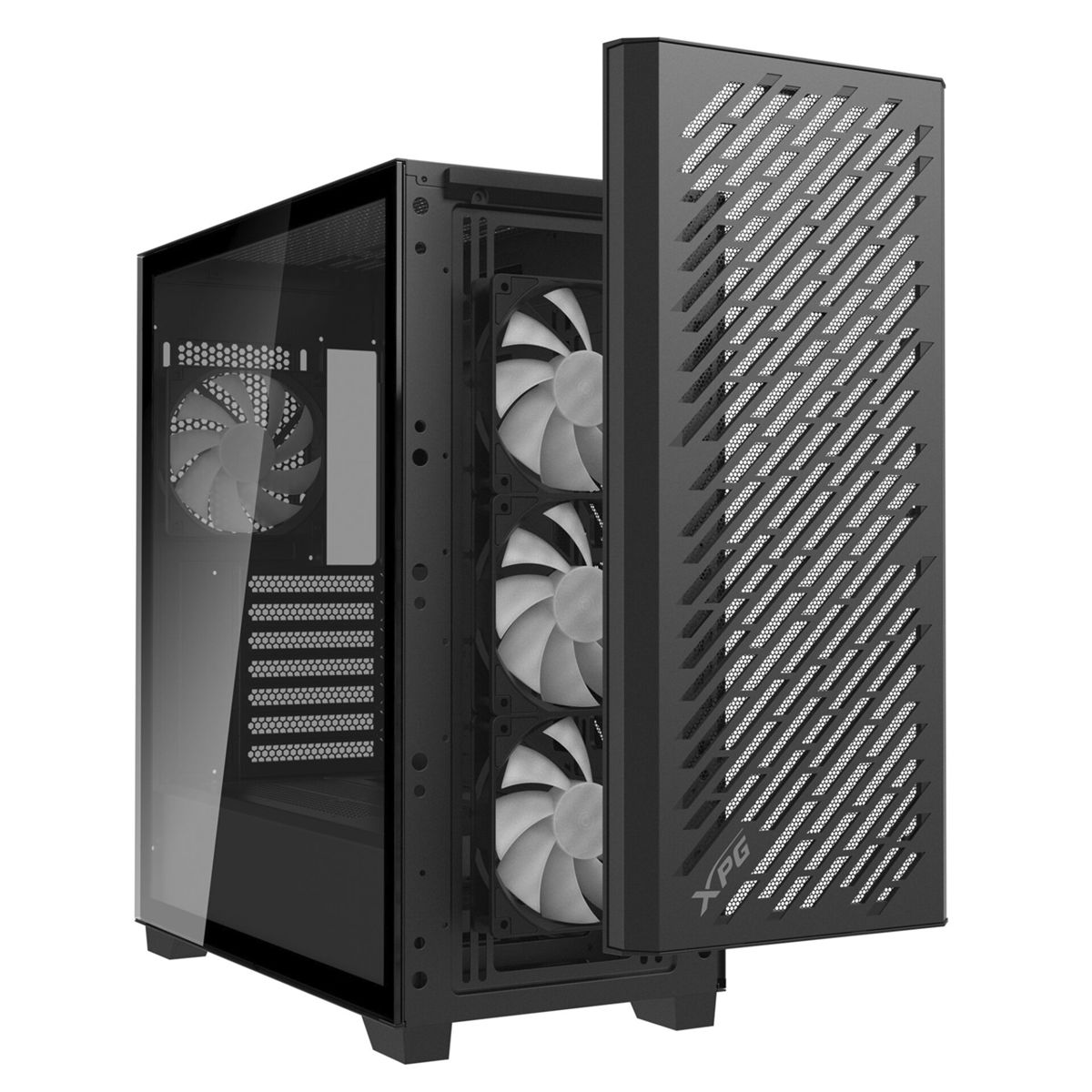 Zwarte pc-behuizing met glazen voorkant en drie ventilatoren. Eén ventilator links zichtbaar.