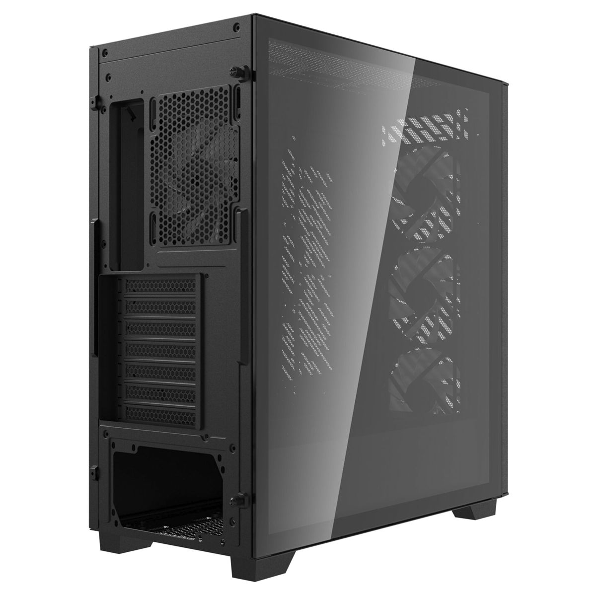 Zwarte computerkast met glazen voorkant en ventilatoren. Achterkant met ventilatiesleuven.