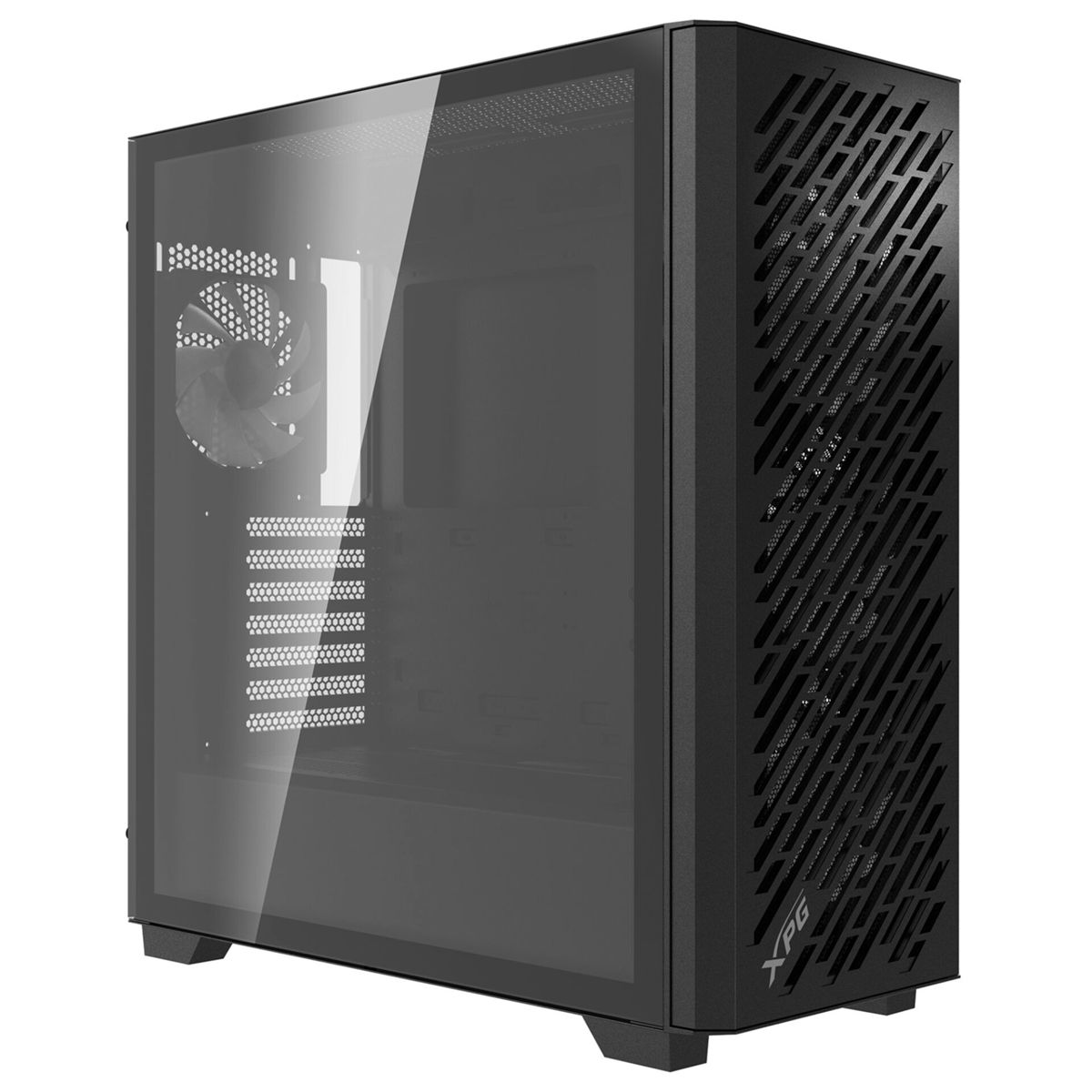 Zwarte pc-behuizing met glazen zijpaneel en ventilator.