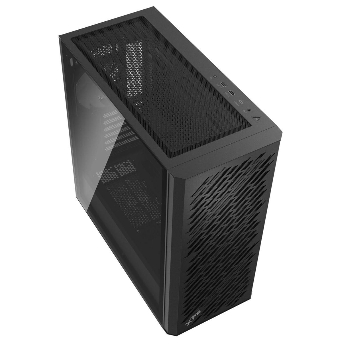 Zwarte XPG computerkast met glazen zijpaneel en mesh voorkant.