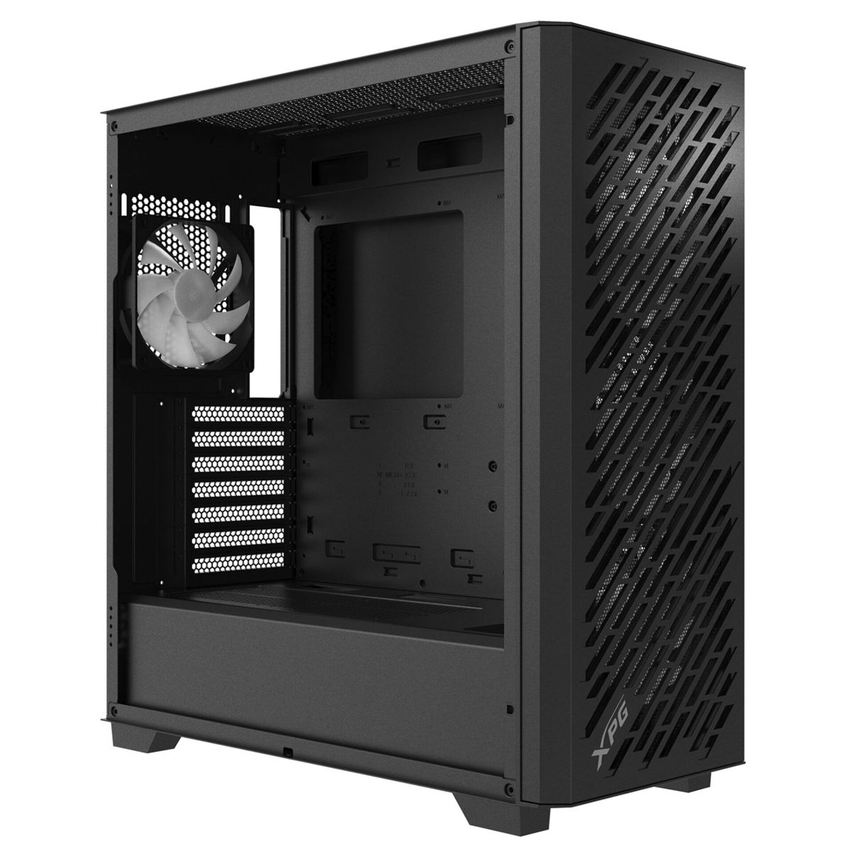 Zwarte computerkast met ventilator en geperforeerd zijpaneel.