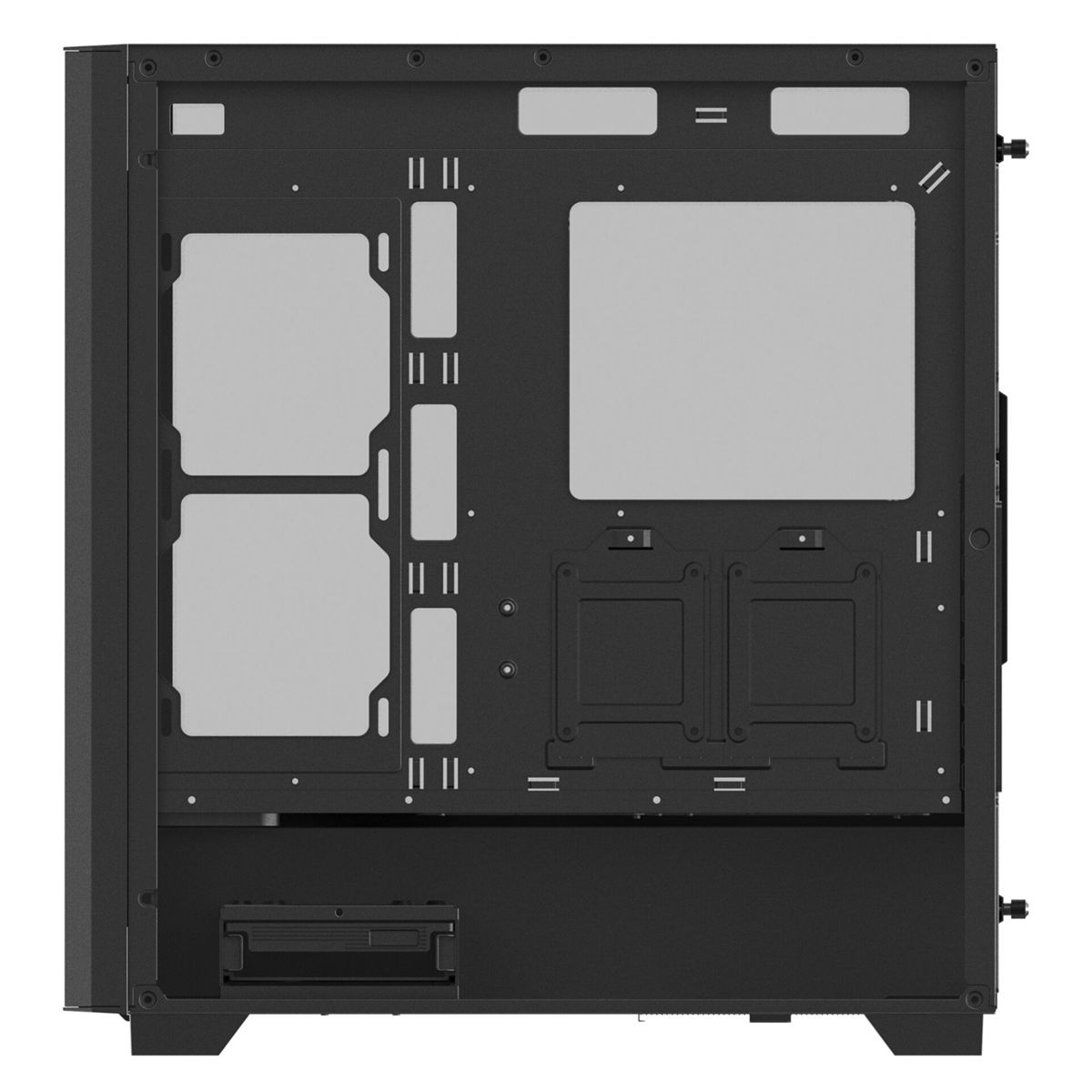 Binnenaanzicht van een zwarte computerkast met grijze panelen.