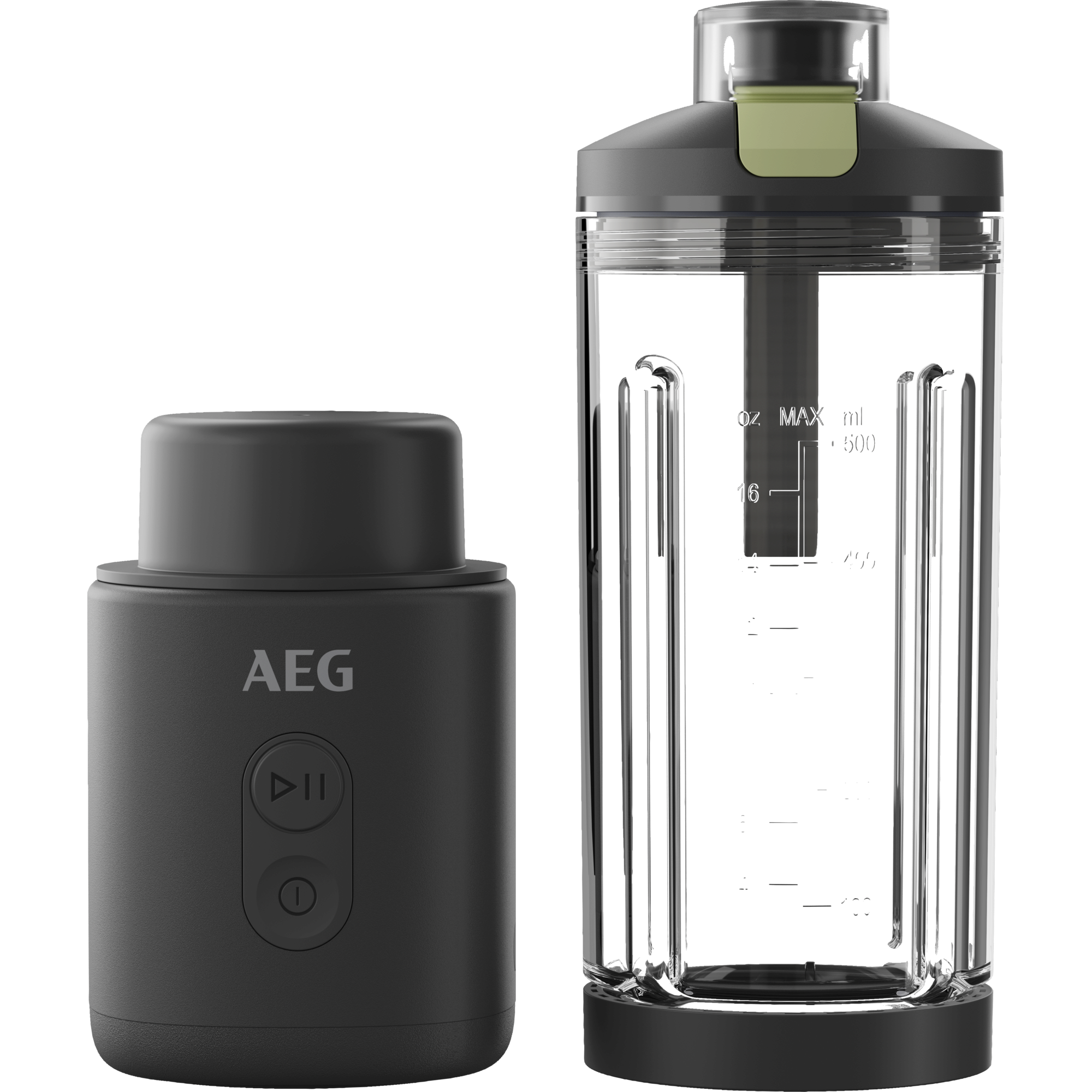 Un accesorio de licuadora AEG negro y un vaso de licuadora transparente con marcas.