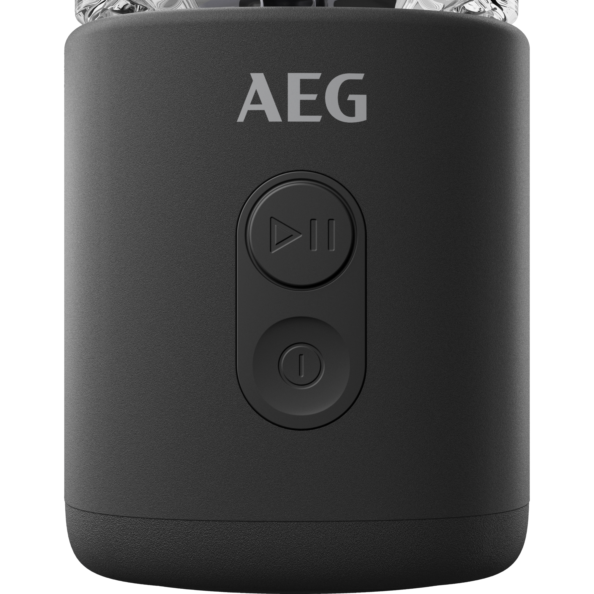 Altavoz cilíndrico negro con logo AEG y botones de reproducción.