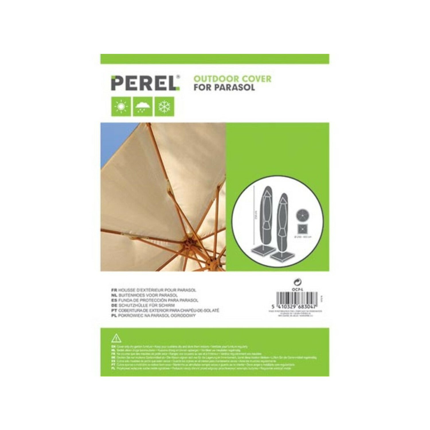 Perel Outdoor Sonnenschirmhülle mit Symbolen für Sonne, Regen, Schnee.