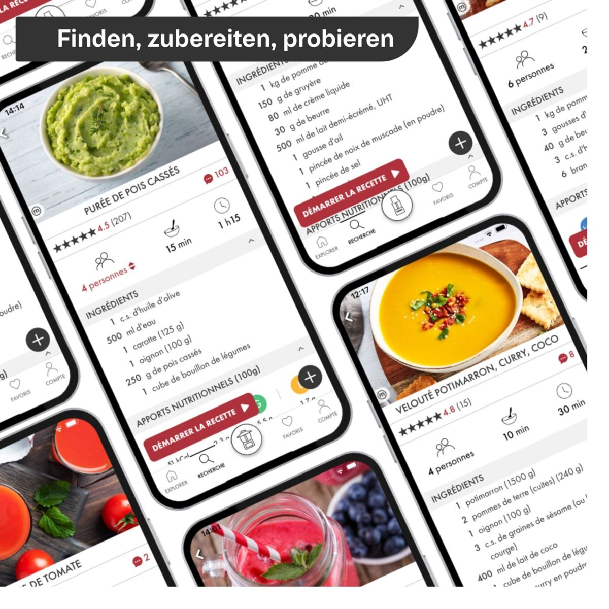 Bildschirmansicht von Rezept-Apps mit Gerichten wie Erbsenpüree und Kürbissuppe.