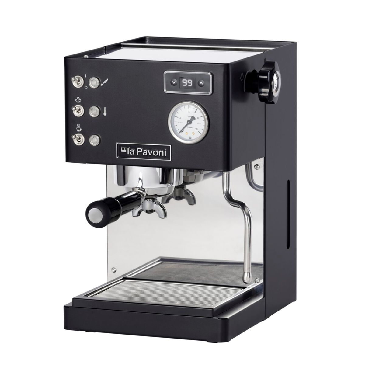 Schwarze La Pavoni Espressomaschine mit Chromakzenten, Digitalanzeige und Manometer.