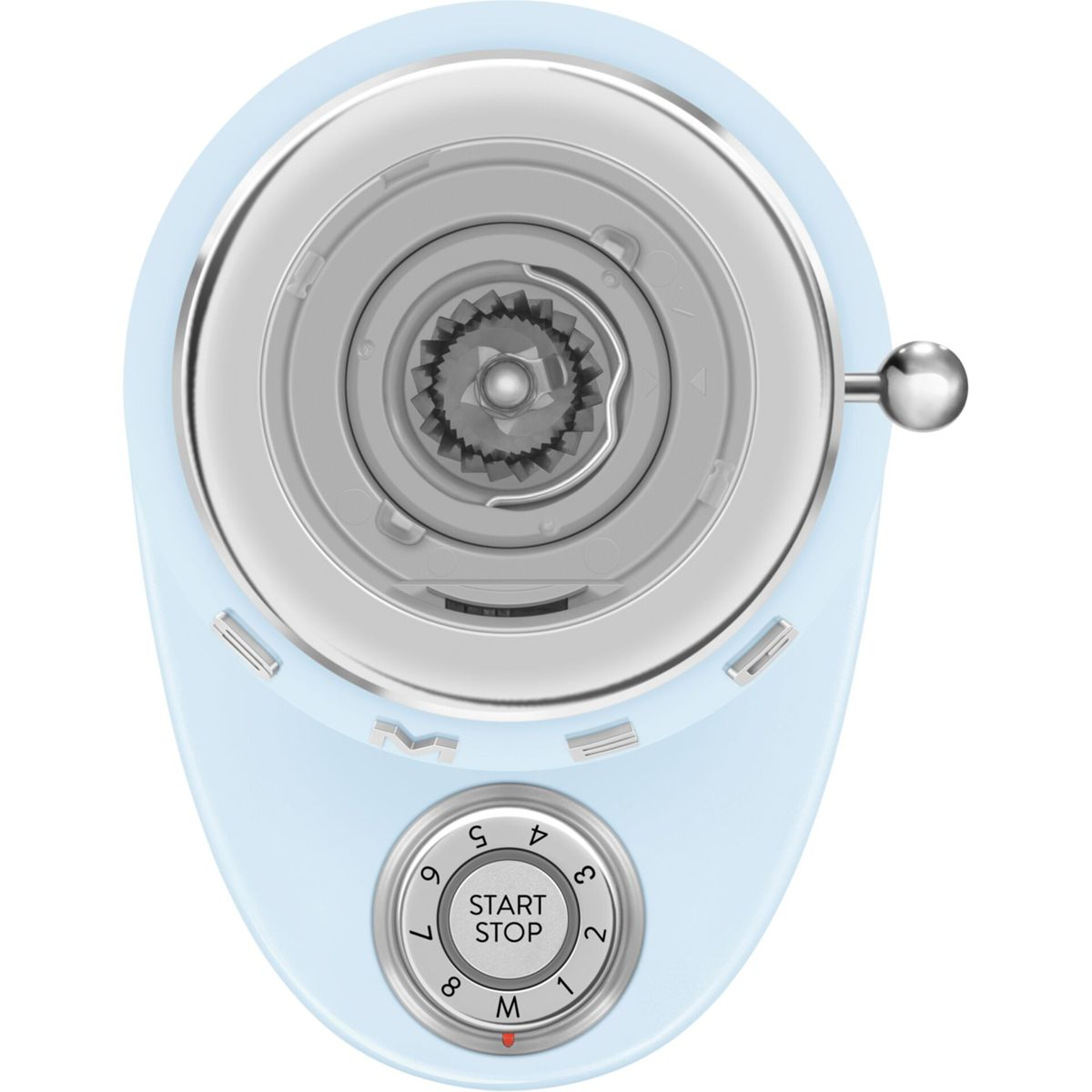 Batidora azul claro con detalles plateados y dial de control con números y botón inicio/parada.