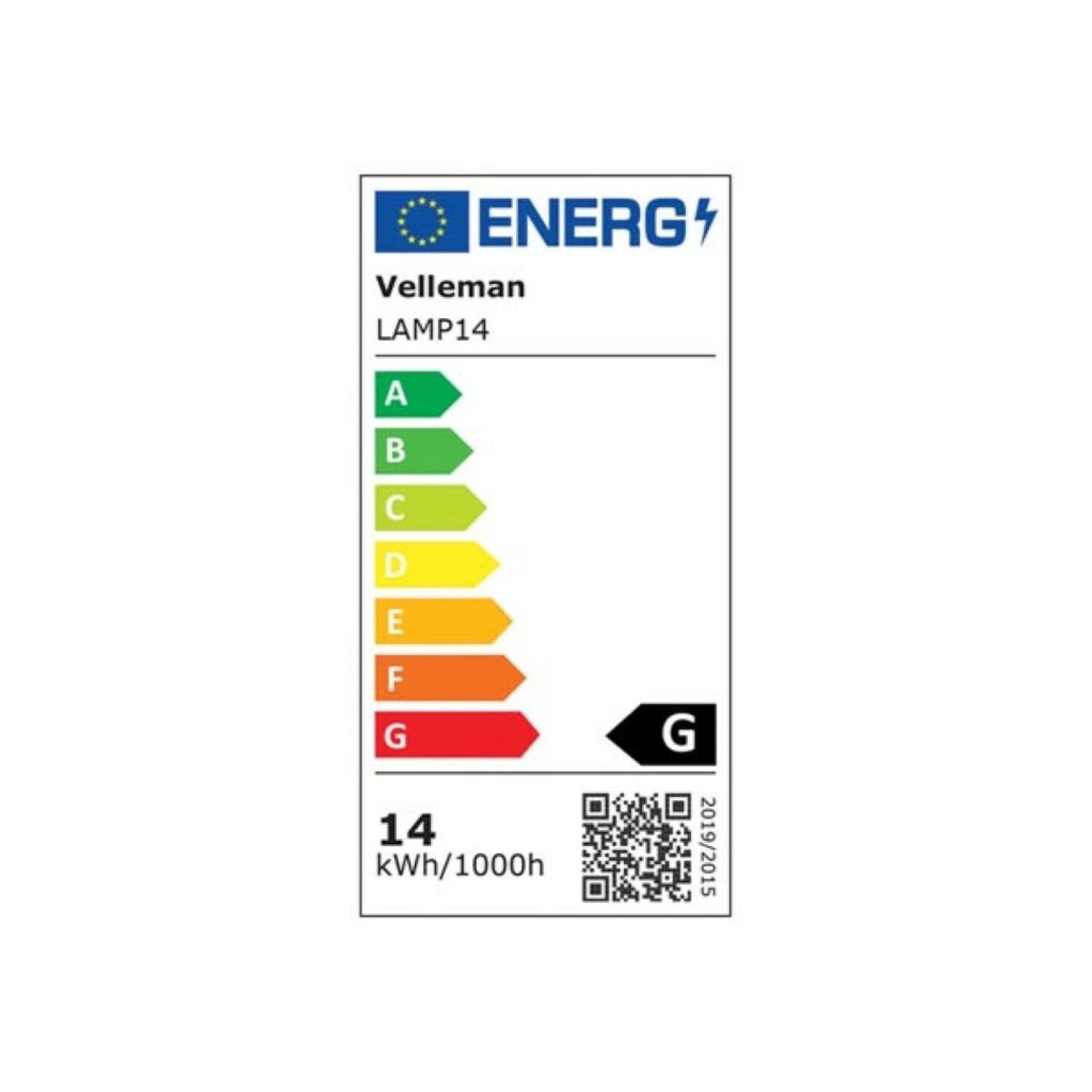 Etichetta energetica Velleman LAMP14, classe G, 14 kWh/1000h. Data 2019/2015.