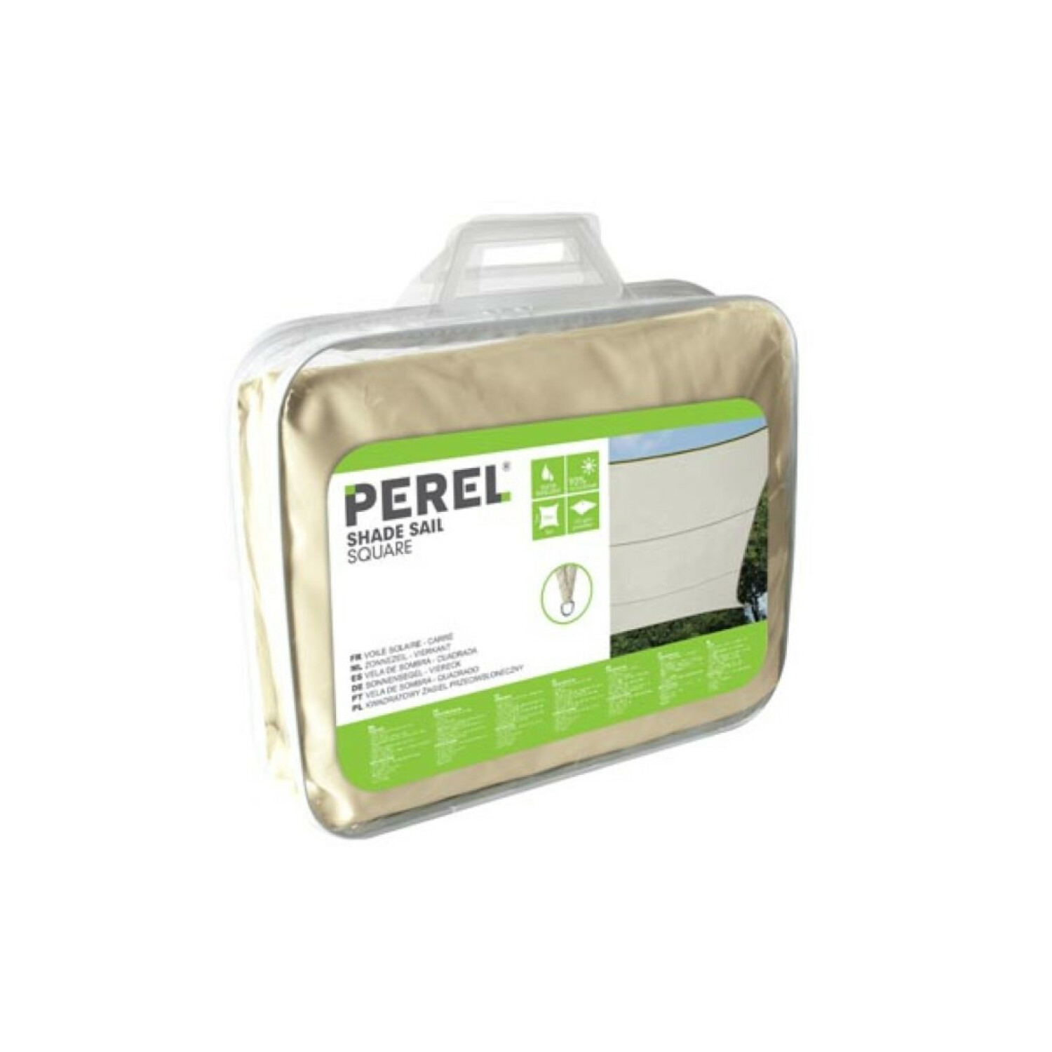 Beiger Sonnensegel-Quadrat im Paket mit der Marke PEREL.