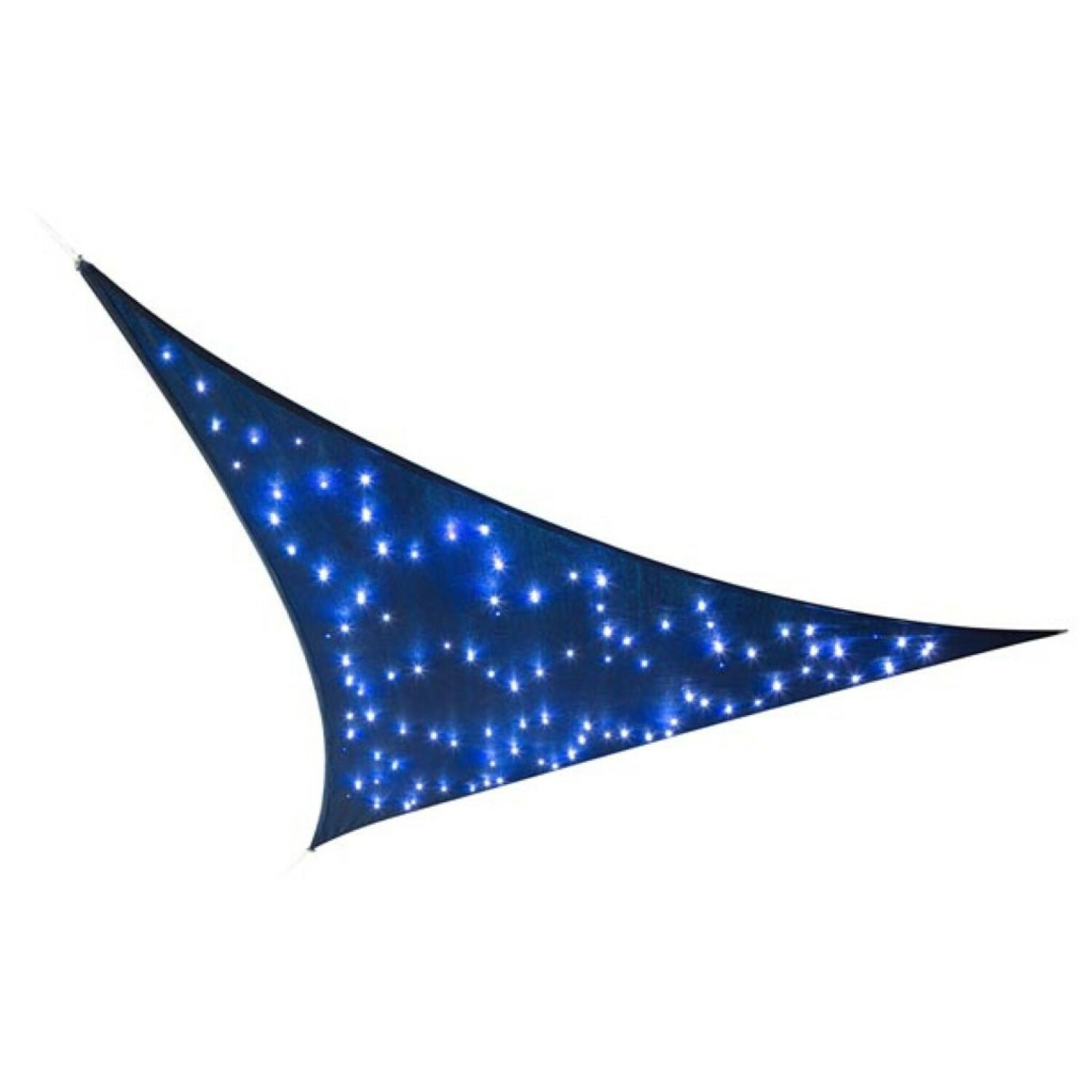 Una vela parasole blu scuro con molte piccole luci bianche simili a stelle.