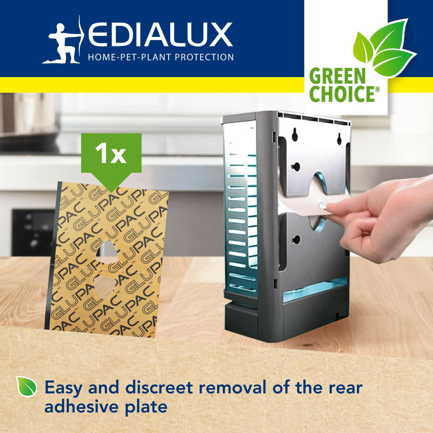 A hand removes an adhesive plate from an insect killer.