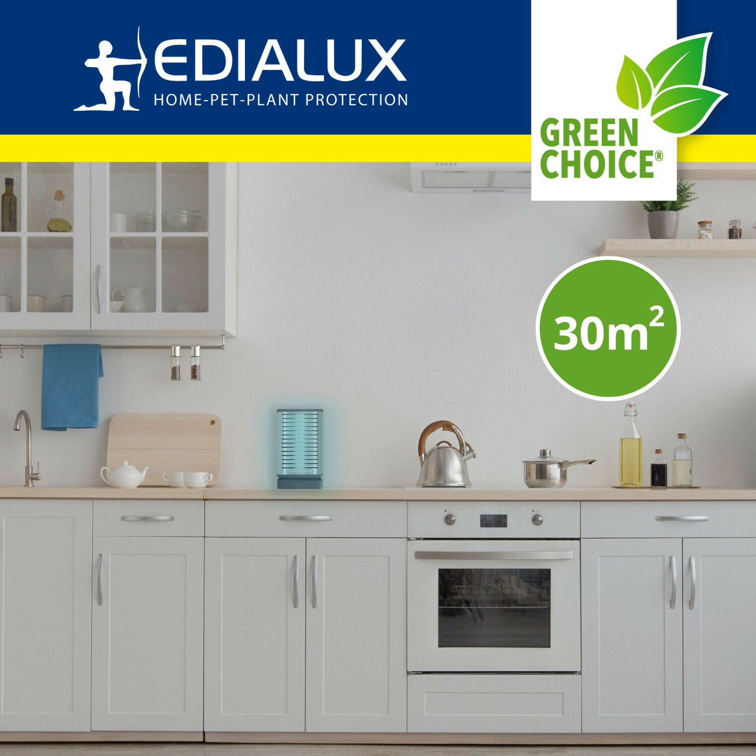 A modern white kitchen with a device labeled 30m² and Green Choice logo.