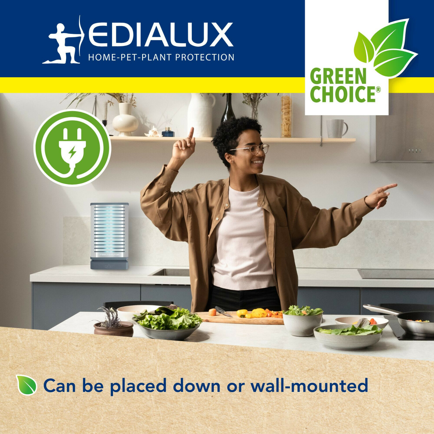 Woman dancing in kitchen near insect killer and salad.