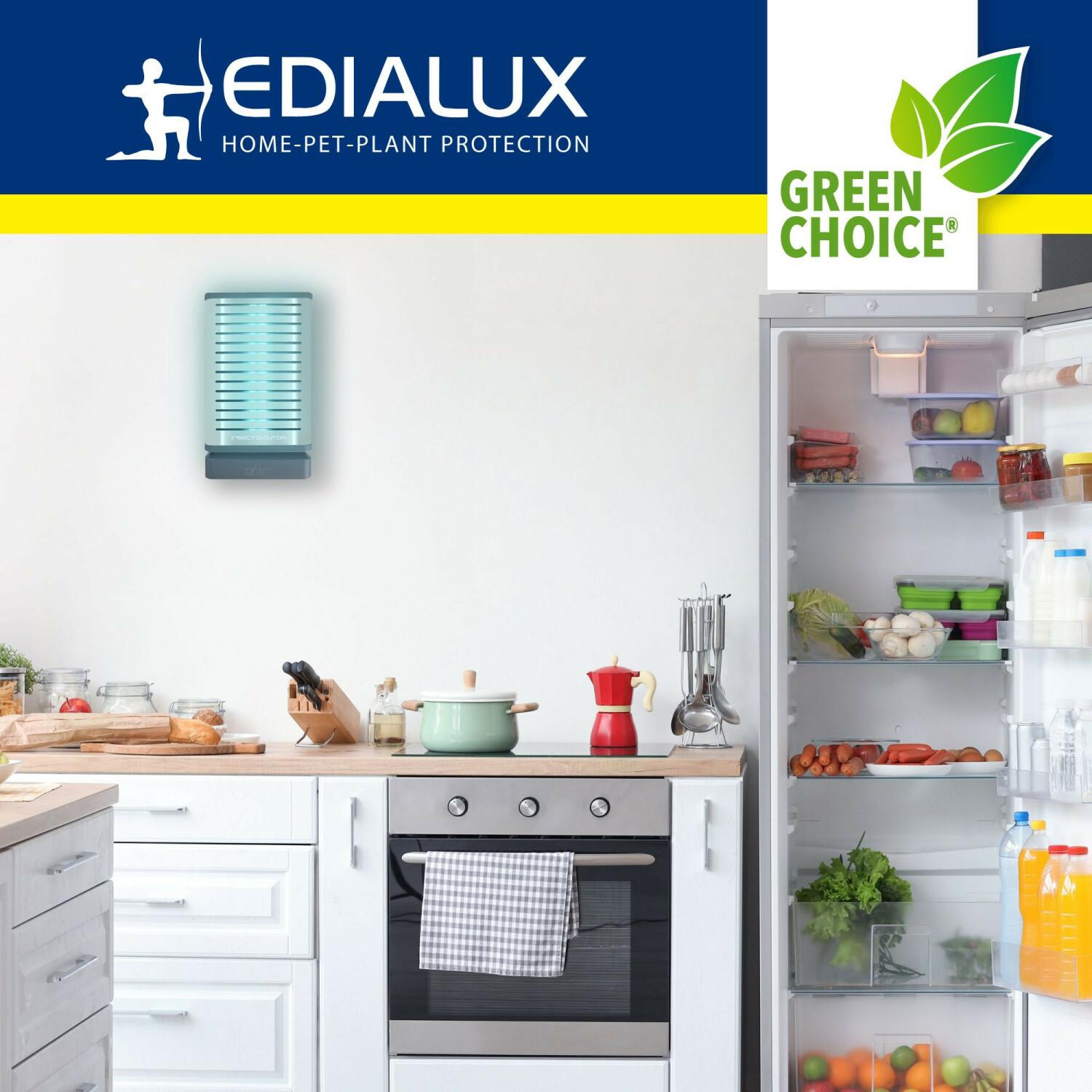 Kitchen with an open fridge, stove, and wall-mounted insect killer.