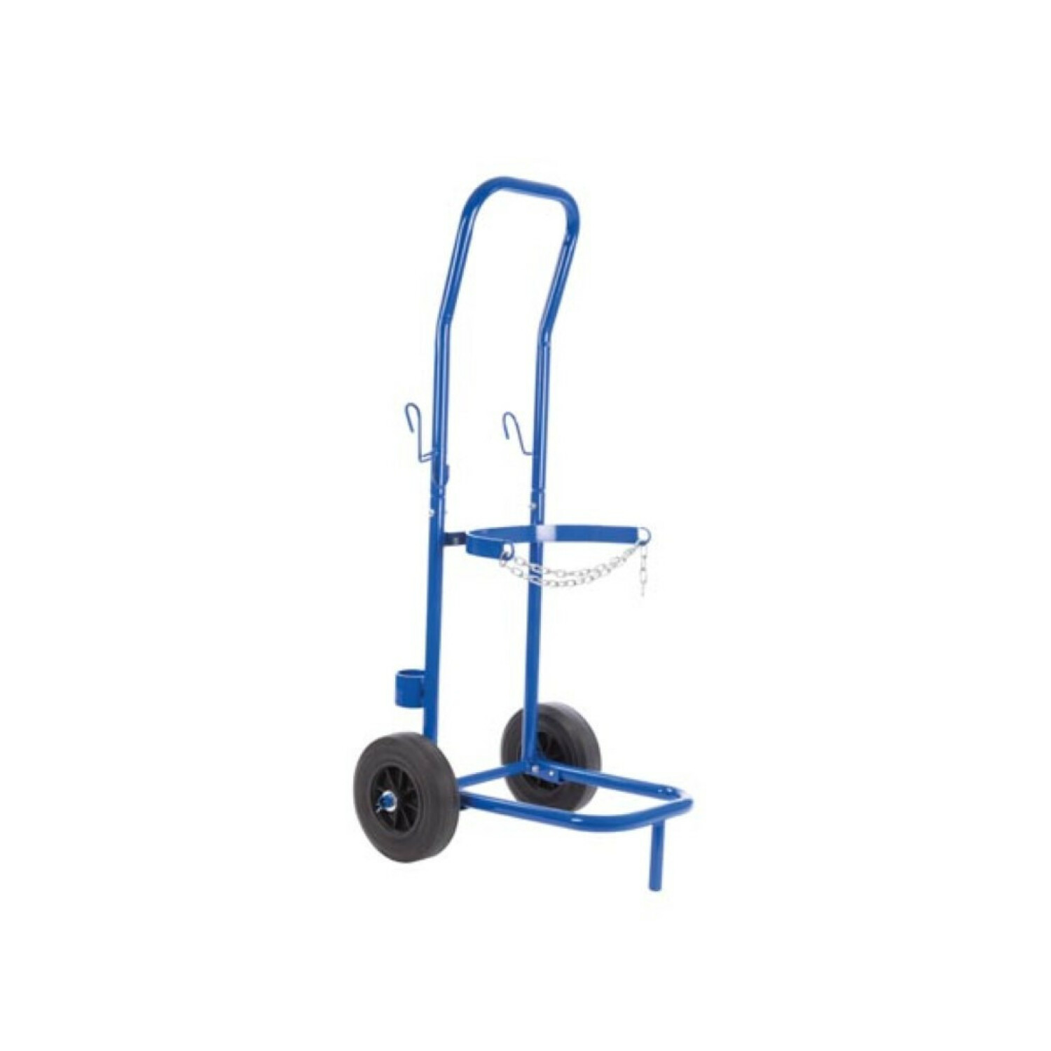 Blauer Wagen mit zwei Rädern für Gasflaschen, mit Griff und Kette.