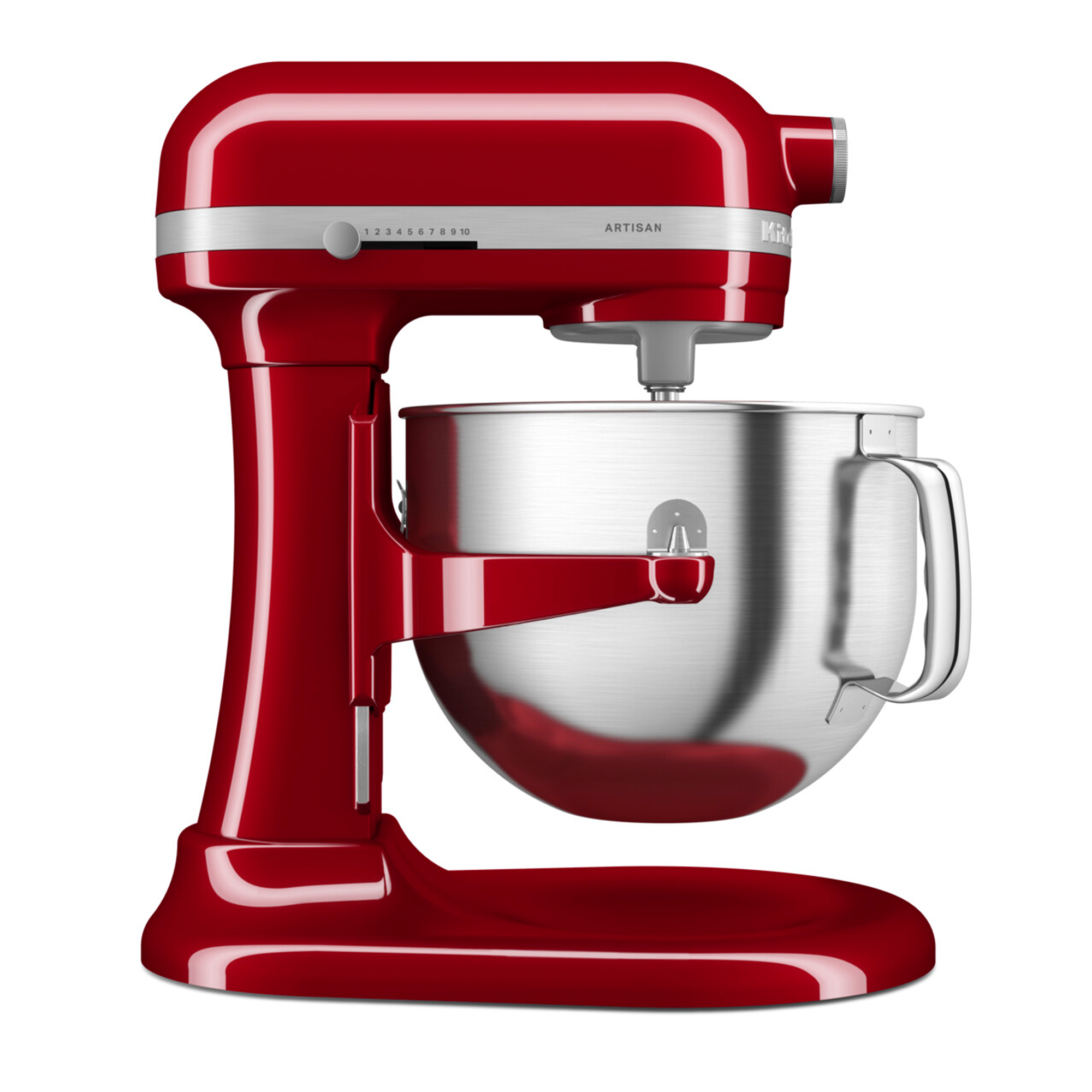 Gümüş hazne ve hız ayarı düğmeli kırmızı KitchenAid stand mikseri.