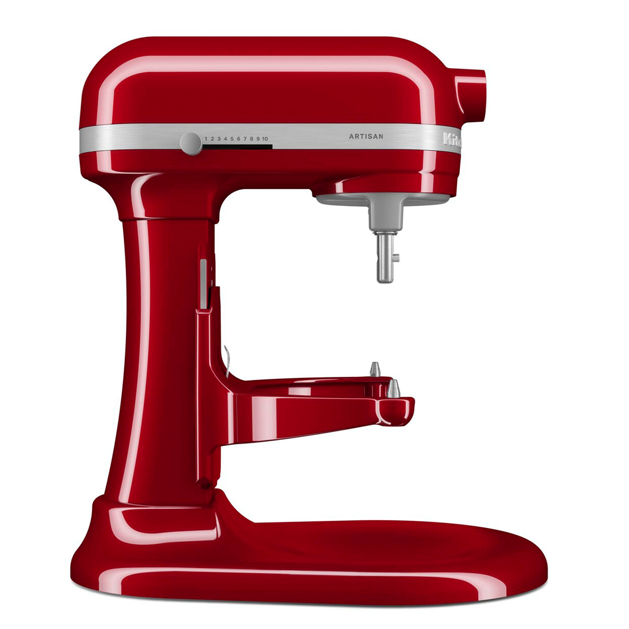 Gümüş bantlı ve hız ayarlı kırmızı KitchenAid Artisan stand mikseri.