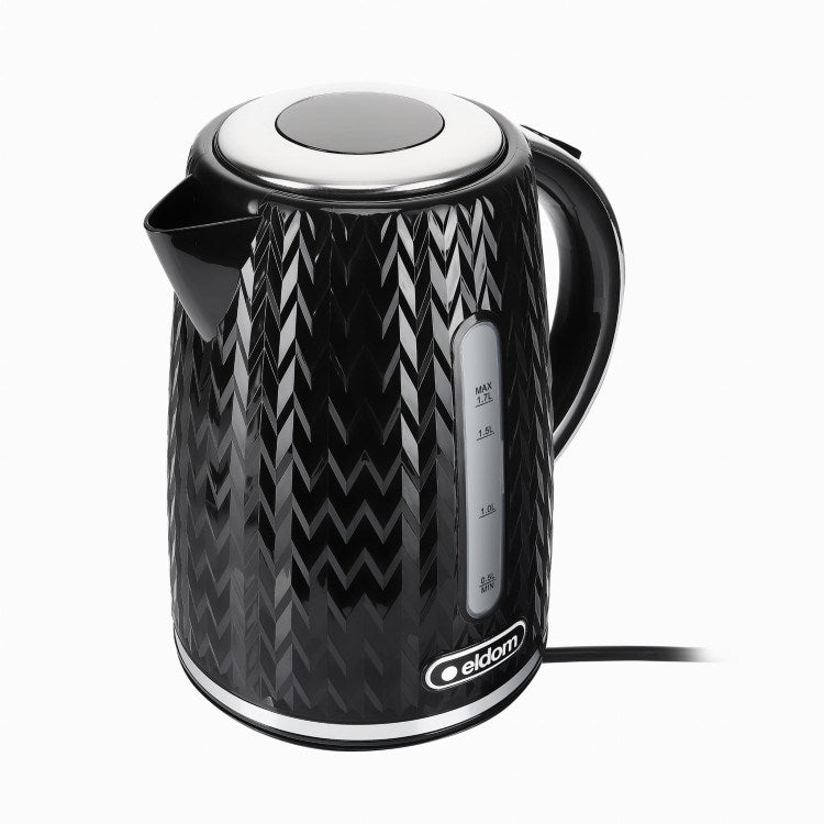 Bollitore elettrico nero con motivo a rombi e finiture argentate.