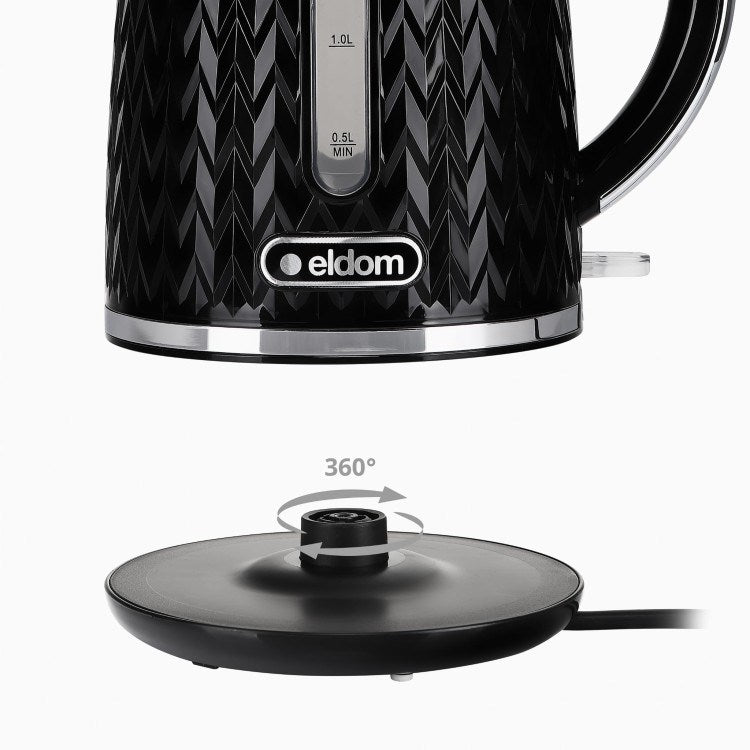 Bollitore nero fantasia con base 360° e indicatore livello acqua.