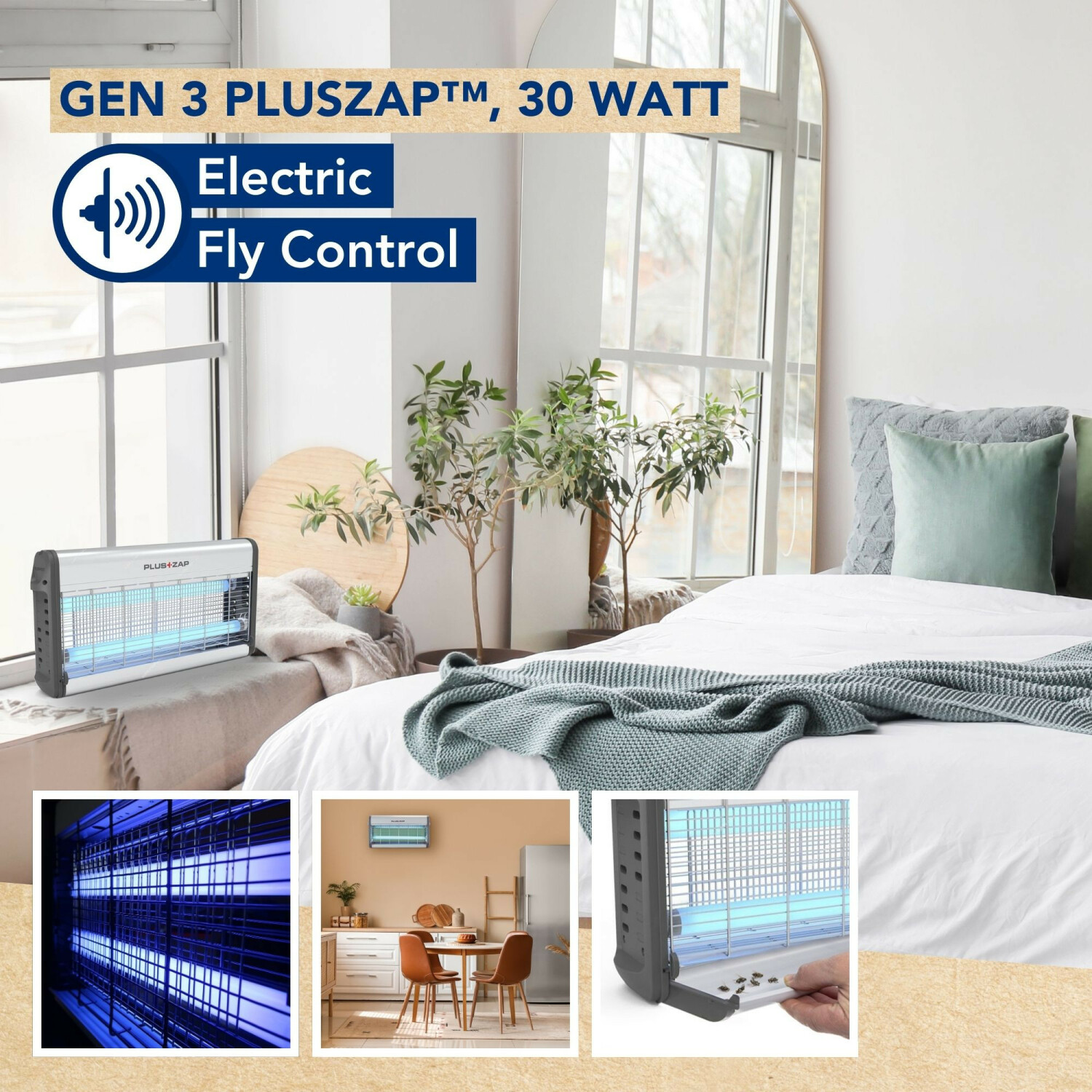 An electric fly zapper with blue light on a windowsill next to a bed.