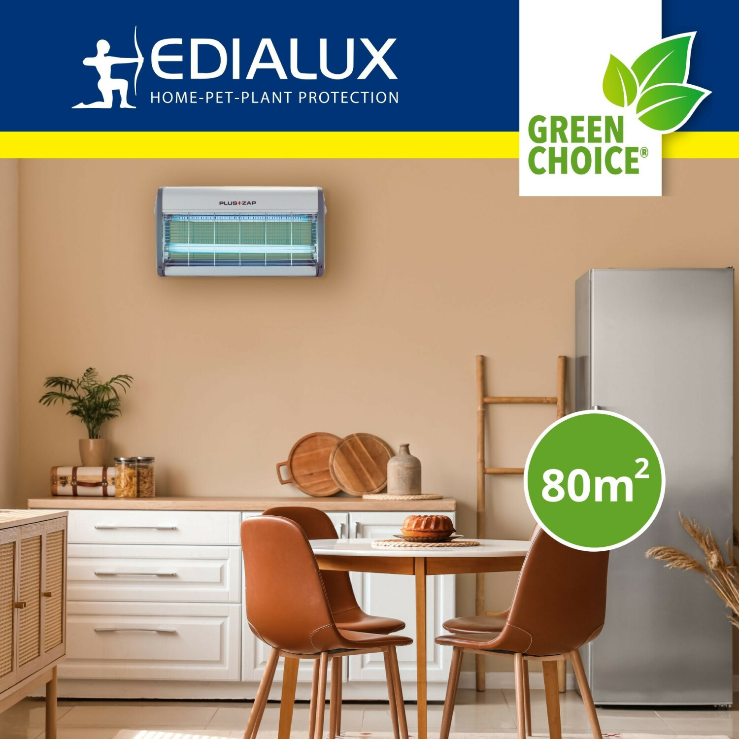 An insect killer hangs above a kitchen counter with brown chairs and a table.