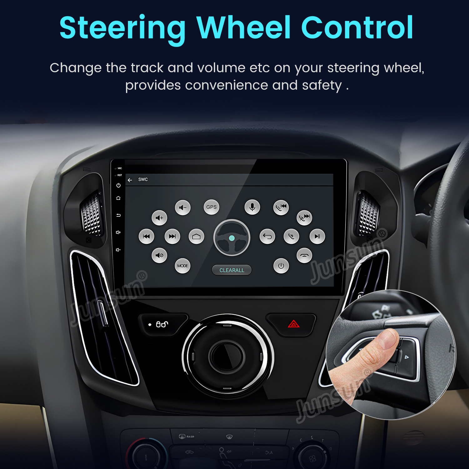 Immagine di un autoradio con touchscreen e comandi al volante.