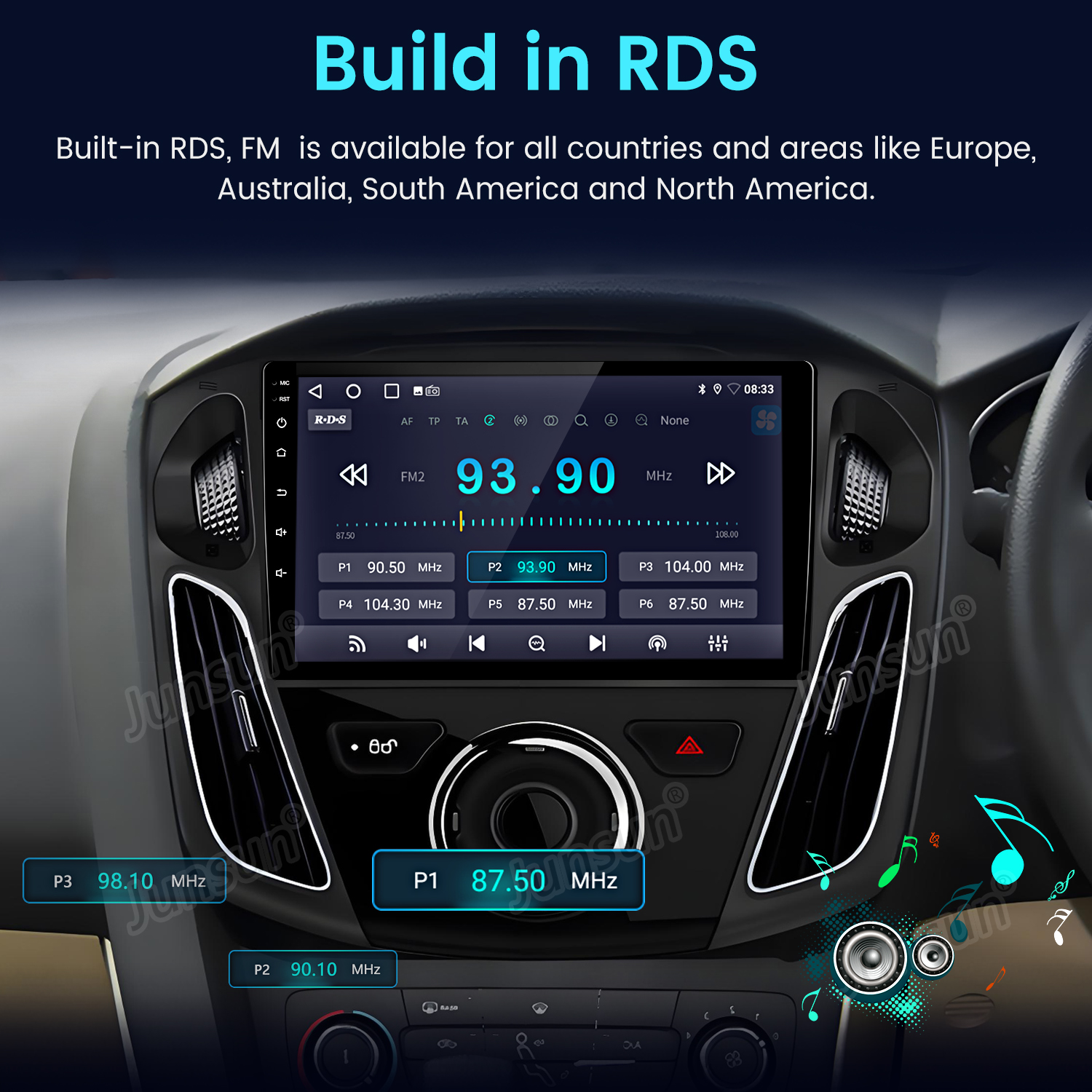 Il display della radio dell'auto mostra FM2 a 93.90 MHz e stazioni preimpostate.