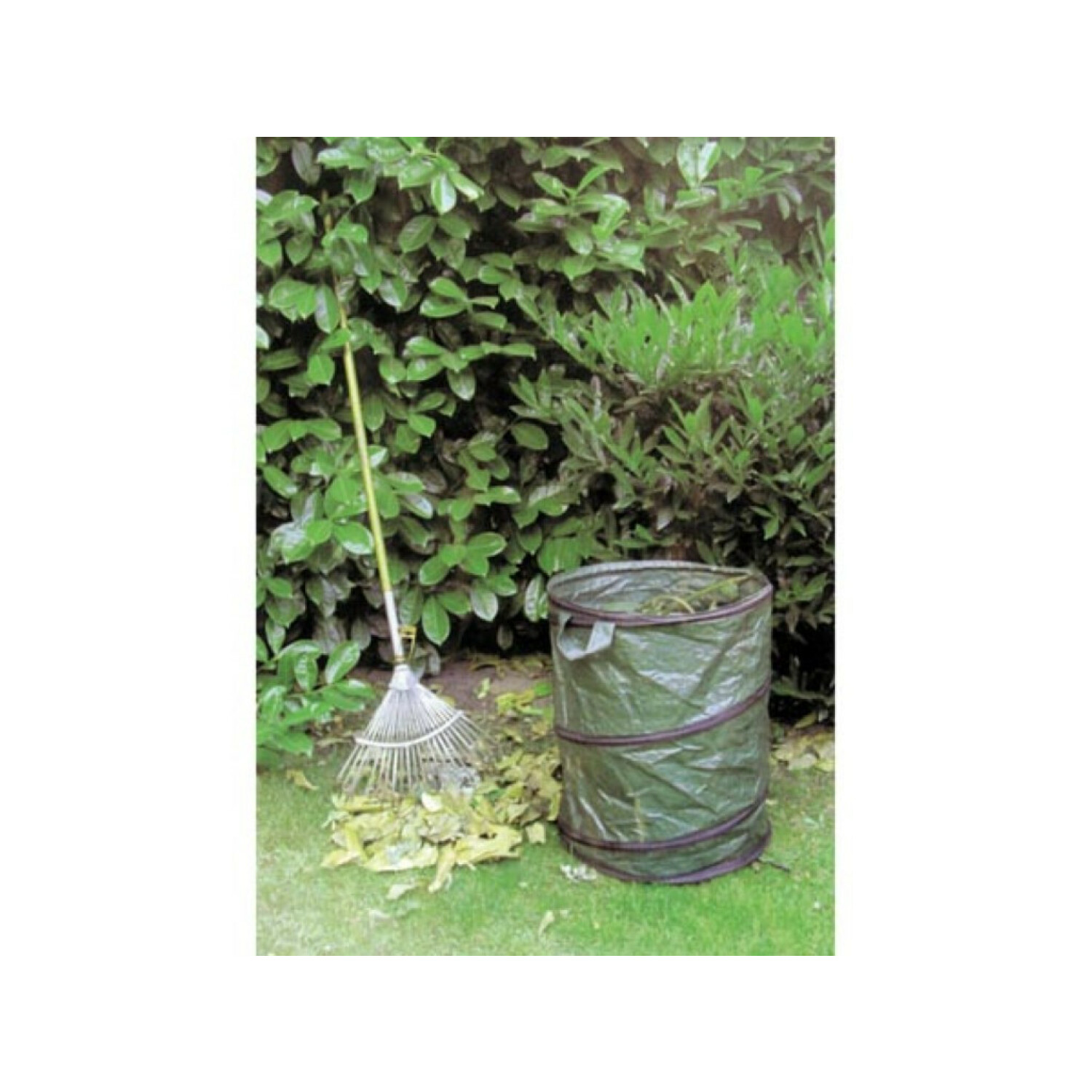 Ein grüner Laubfangsack steht neben einem Rechen mit Laub auf dem Rasen.