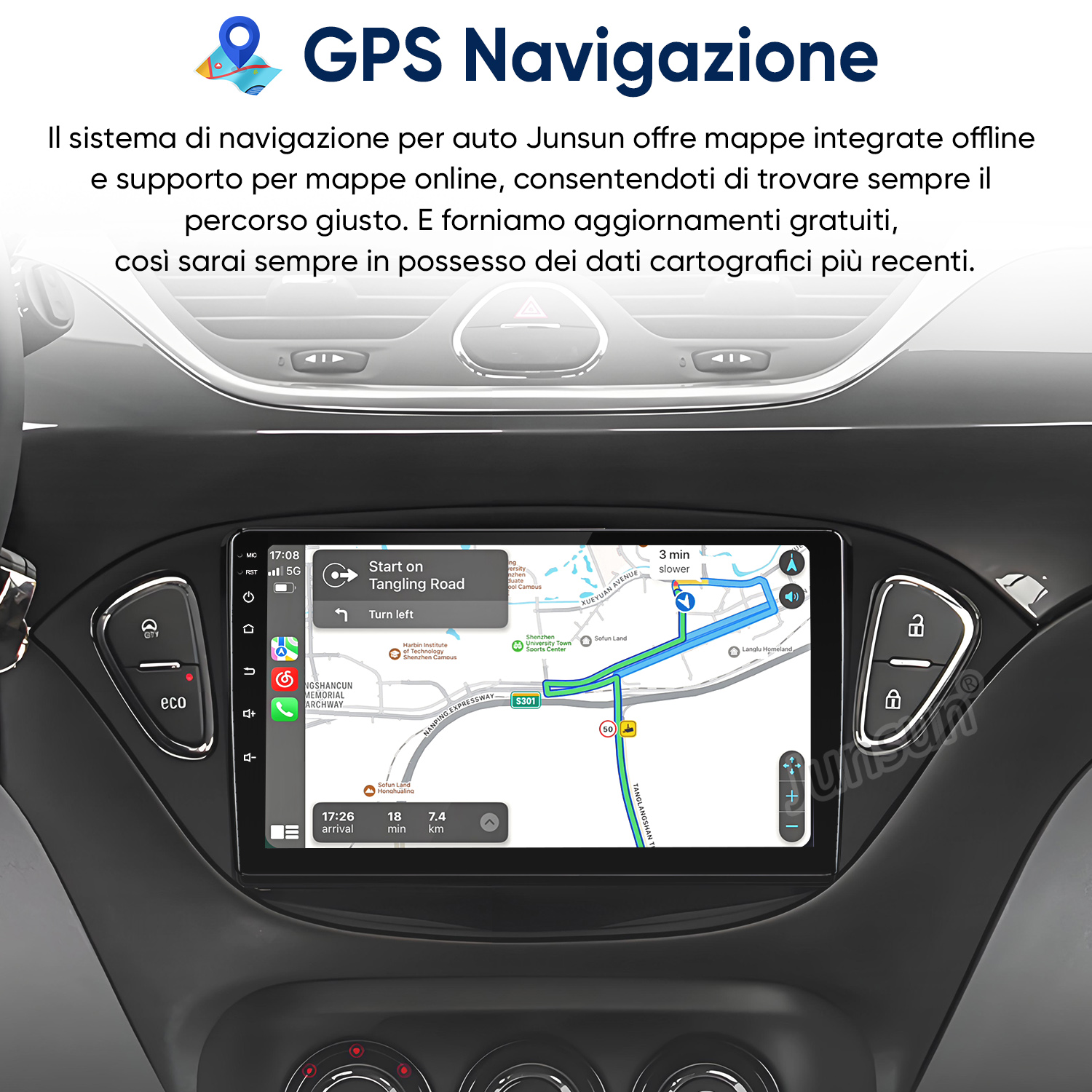 Il navigatore auto mostra una mappa con un percorso che inizia su Tangling Road.