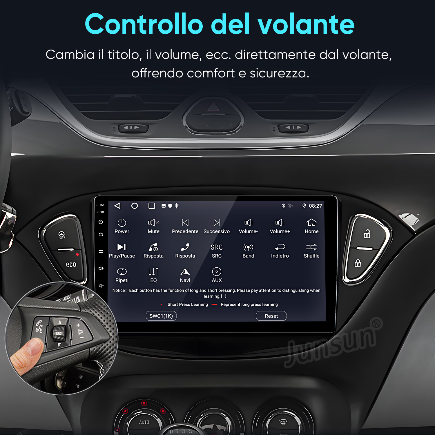 Sistema di infotainment per auto con comandi al volante e opzioni menu.