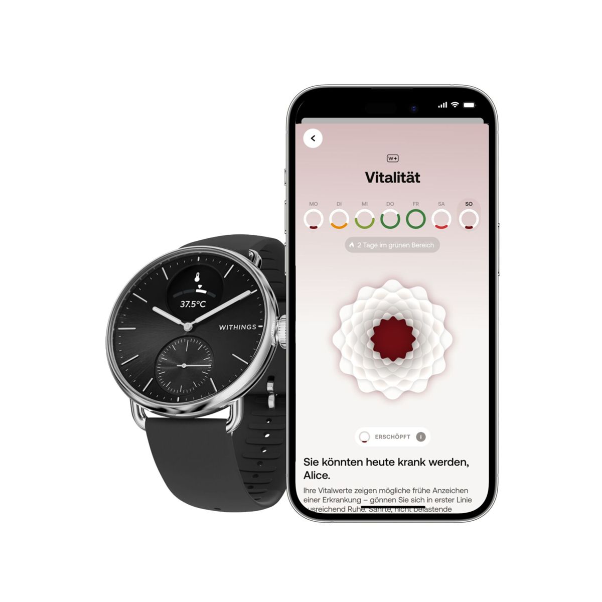 Un reloj inteligente negro y un smartphone mostrando una app de vitalidad. El reloj muestra 37.5°C.