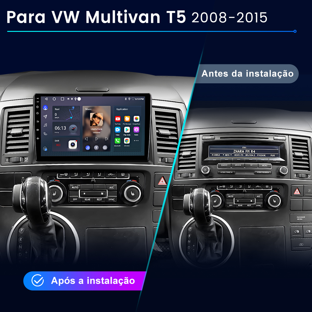 Confronto prima e dopo del cruscotto VW Multivan T5 con aggiornamento radio.