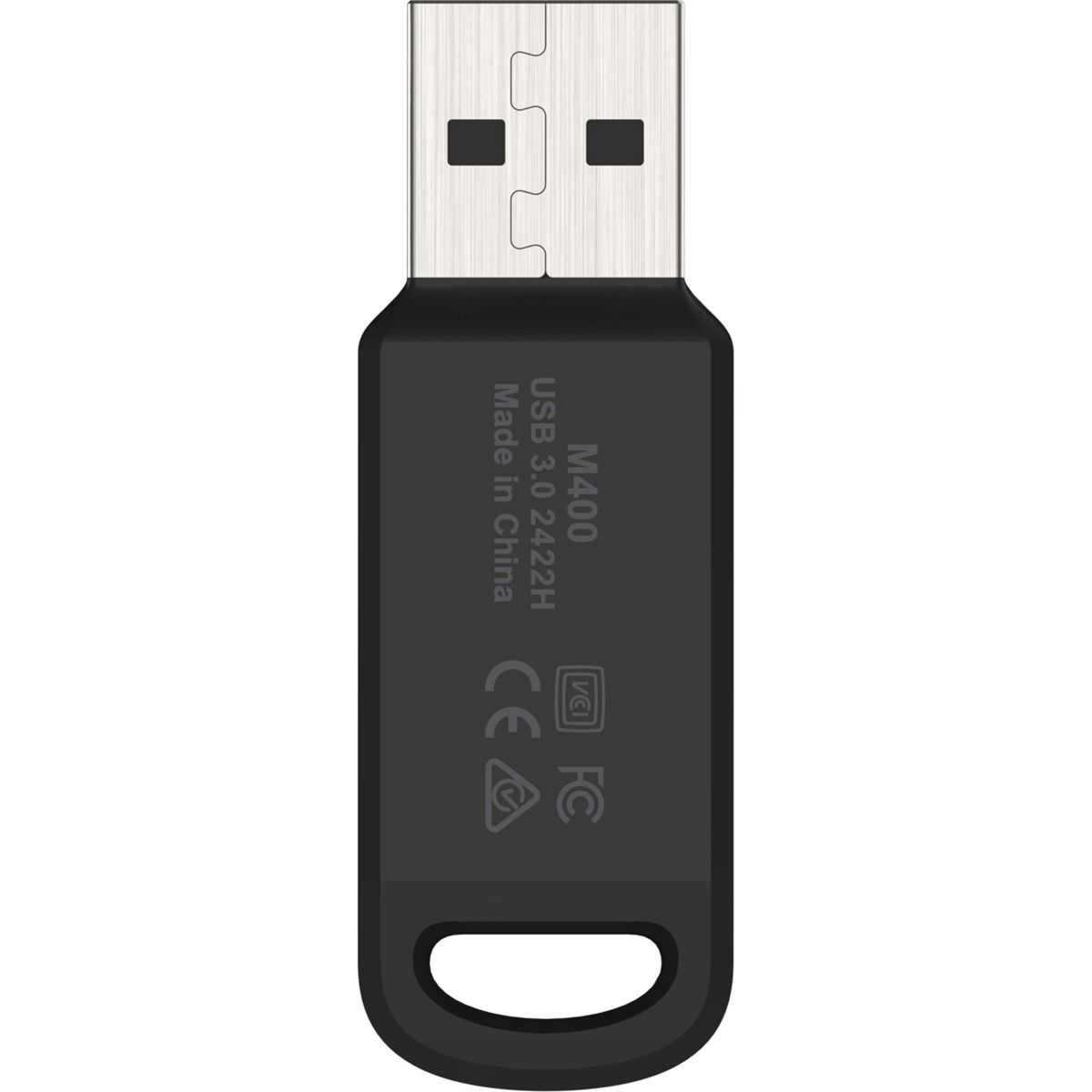 Schwarzer USB 3.0-Sticks mit Text und Logos. Draufsicht.