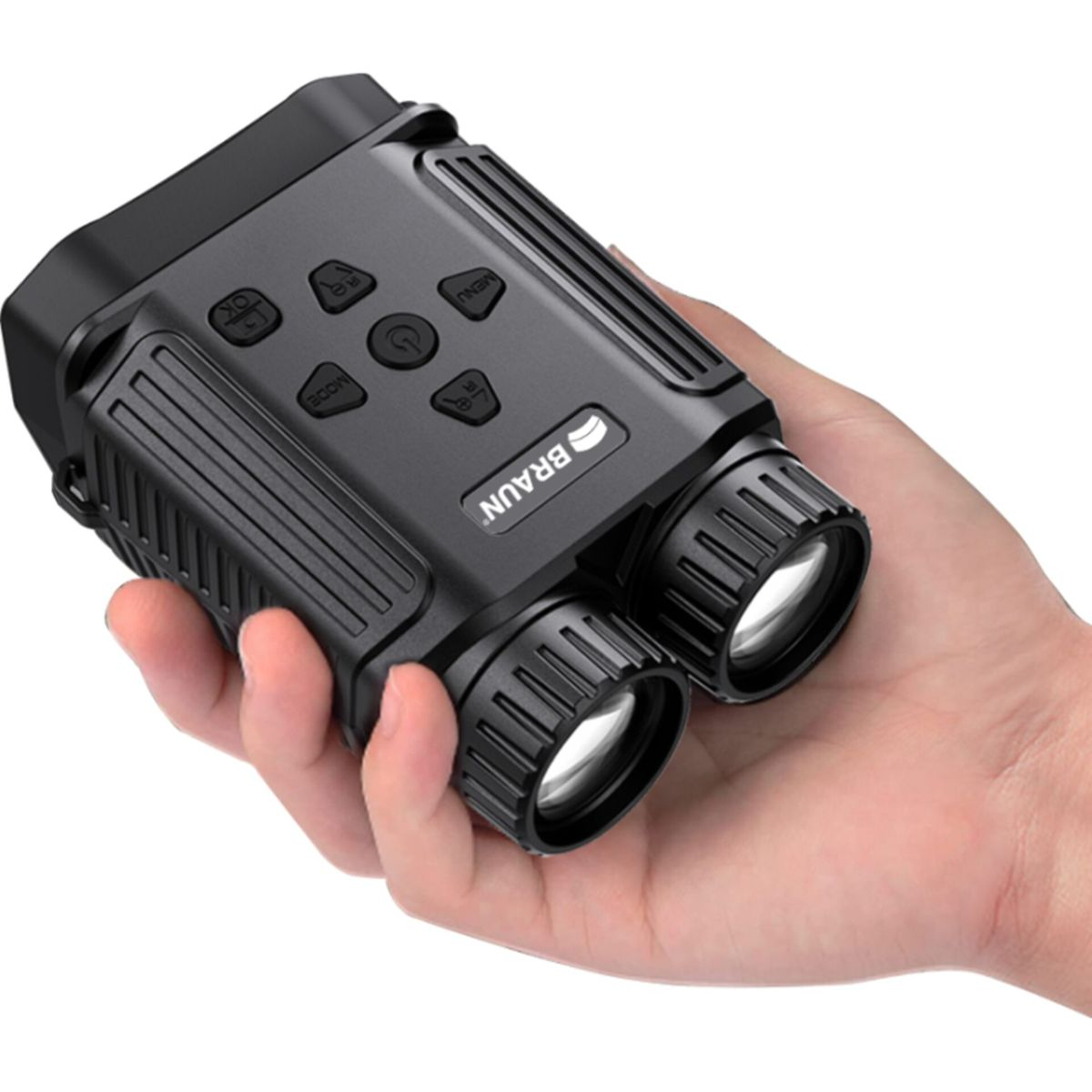 Una mano tiene una fotocamera Braun per la visione notturna nera con pulsanti.