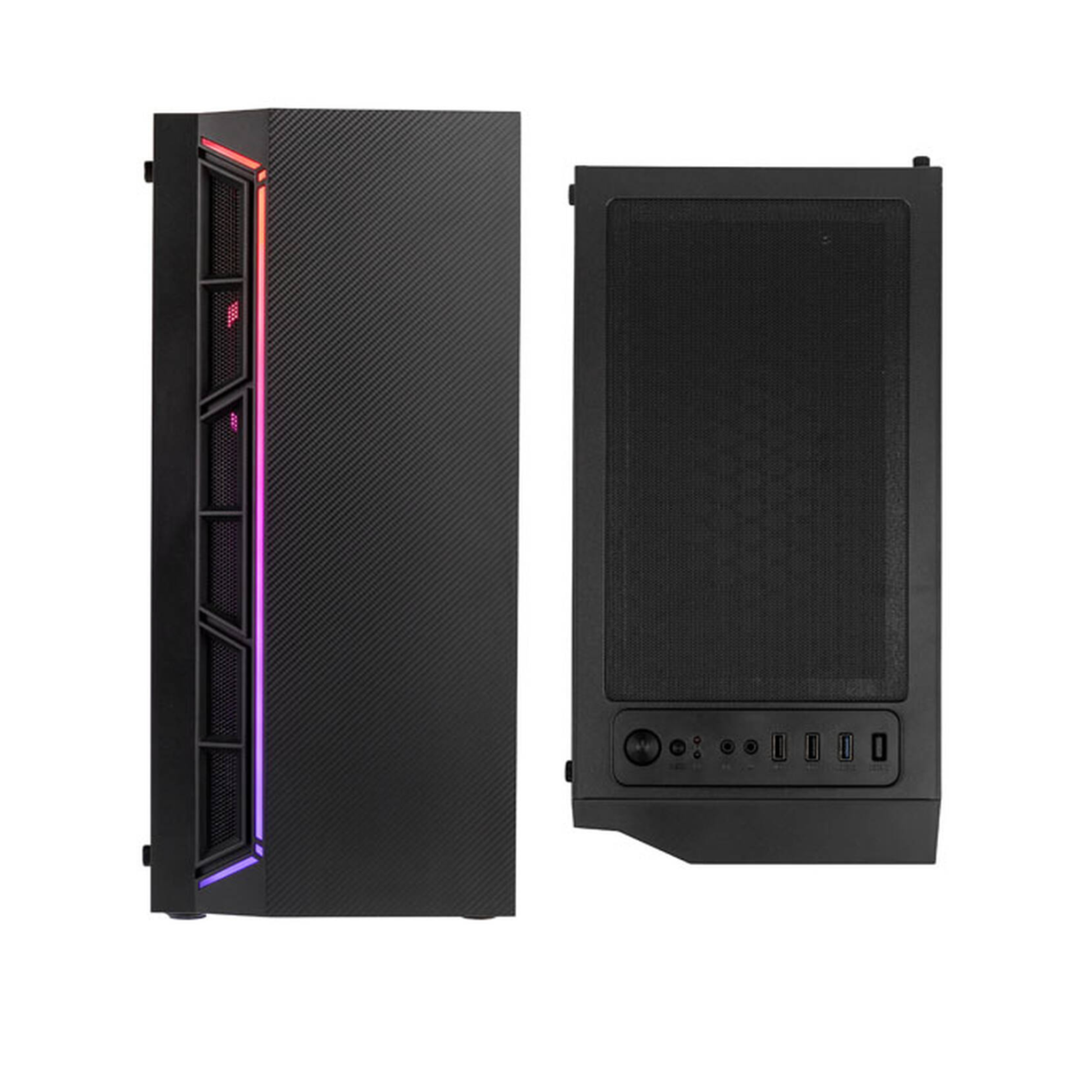 Schwarzes PC-Gehäuse mit Carbonmuster und RGB-Beleuchtung an der Vorderseite.