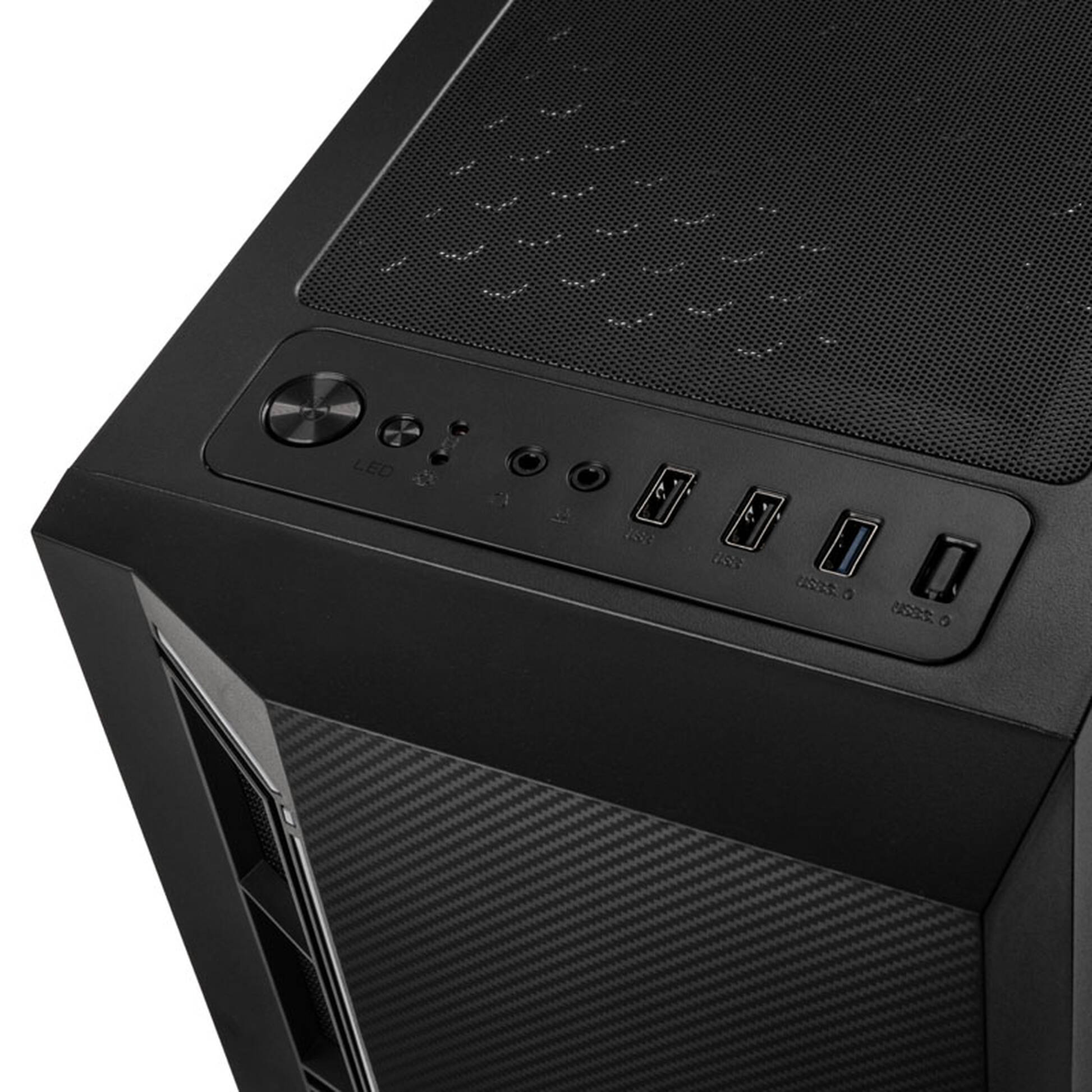 Schwarzes Computergehäuse Frontpanel mit USB-Anschlüssen, Audiobuchsen und Tasten.