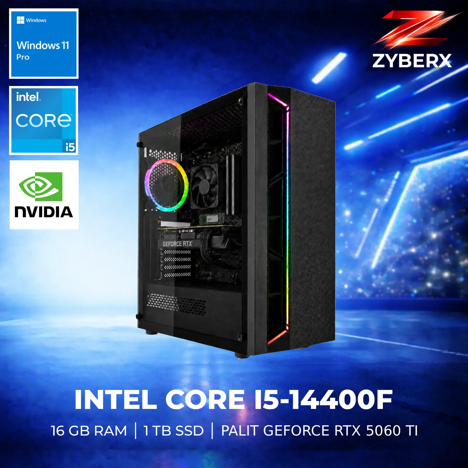 Ein Gaming-PC mit Intel Core i5, 16 GB RAM, 1 TB SSD und RTX 5060 Ti.