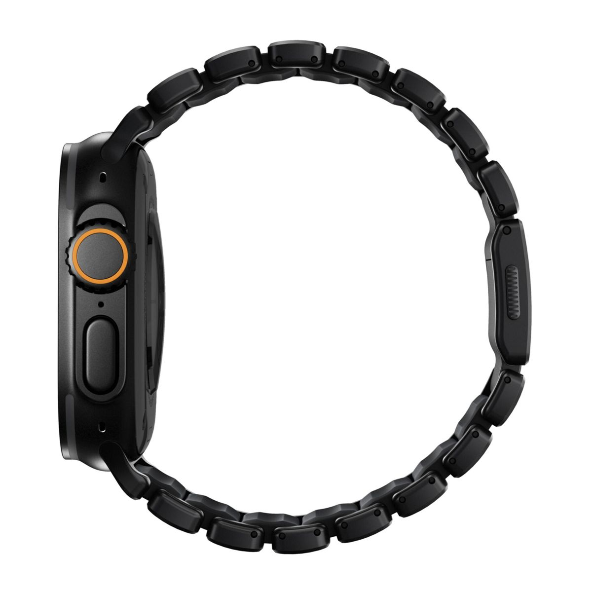 Orologio smart nero con corona arancione e cinturino in metallo.