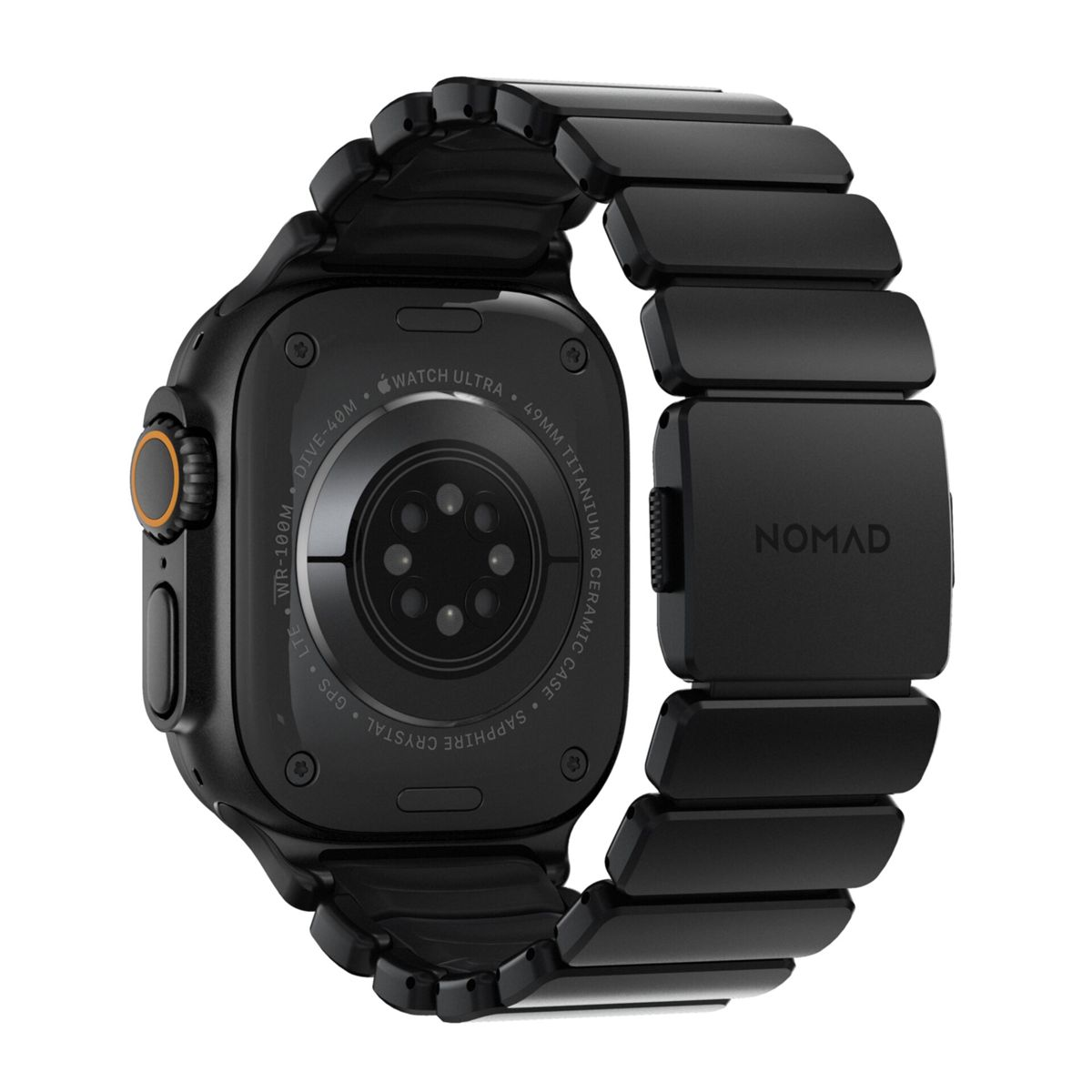Apple Watch Ultra nera con cinturino in metallo nero e logo Nomad.