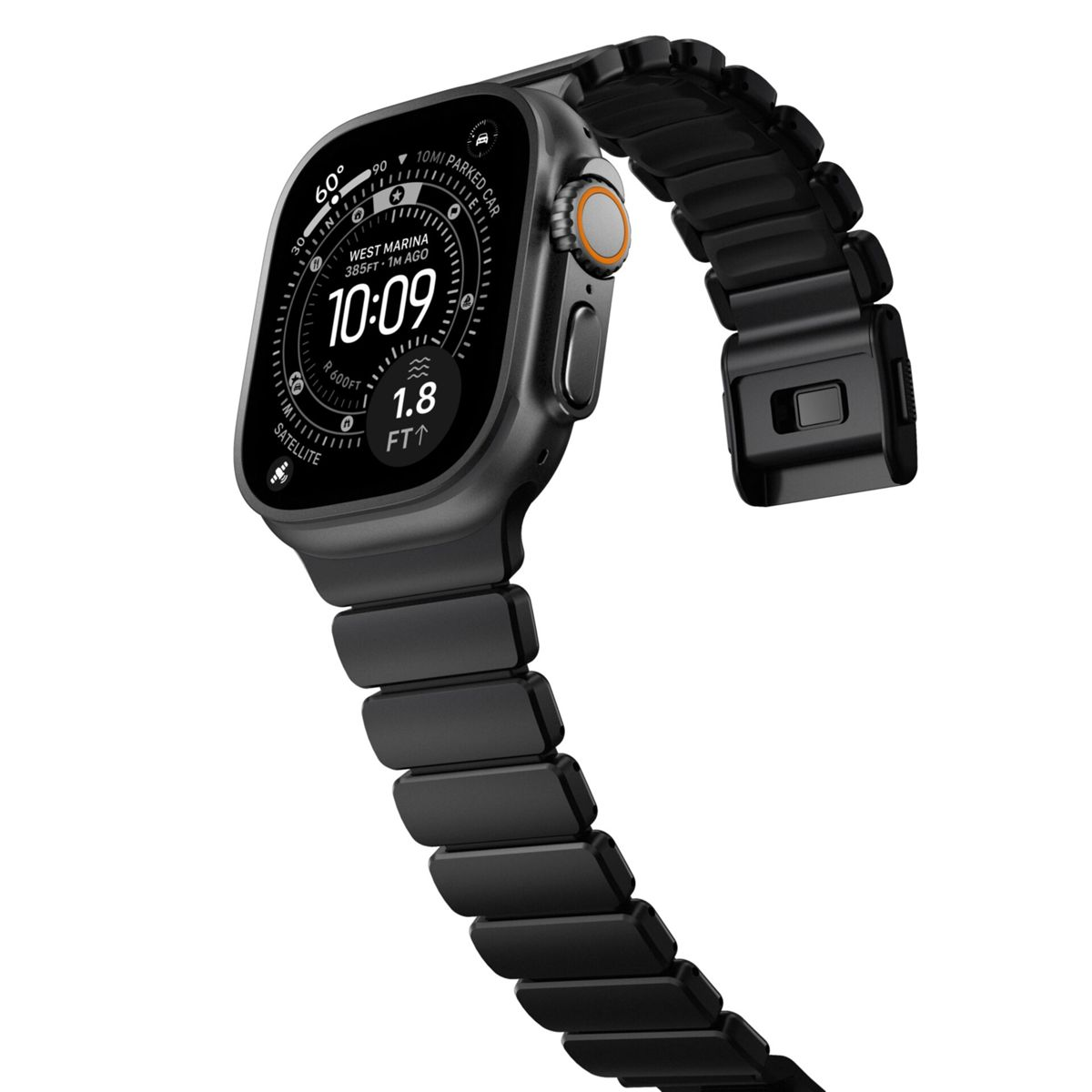 Uno smartwatch nero con cinturino in metallo, su sfondo bianco. L'orologio mostra le 10:09.