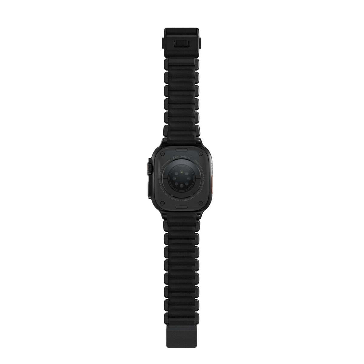 Apple Watch Ultra nera con cinturino in metallo nero, retro verso l'alto.